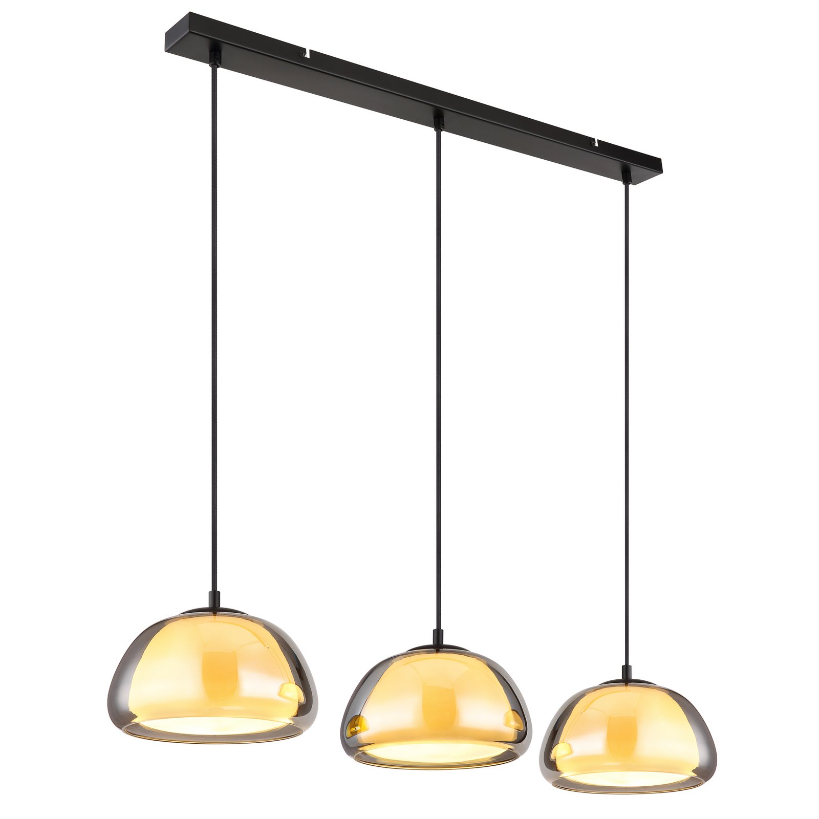 Jella pendant light, length 95 cm, smoke grey, 3-bulb, glass