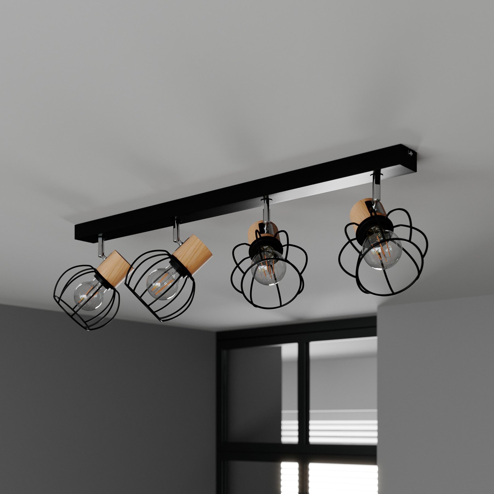 Envolight Fence plafondlamp, metaal/hout, 4-lamps
