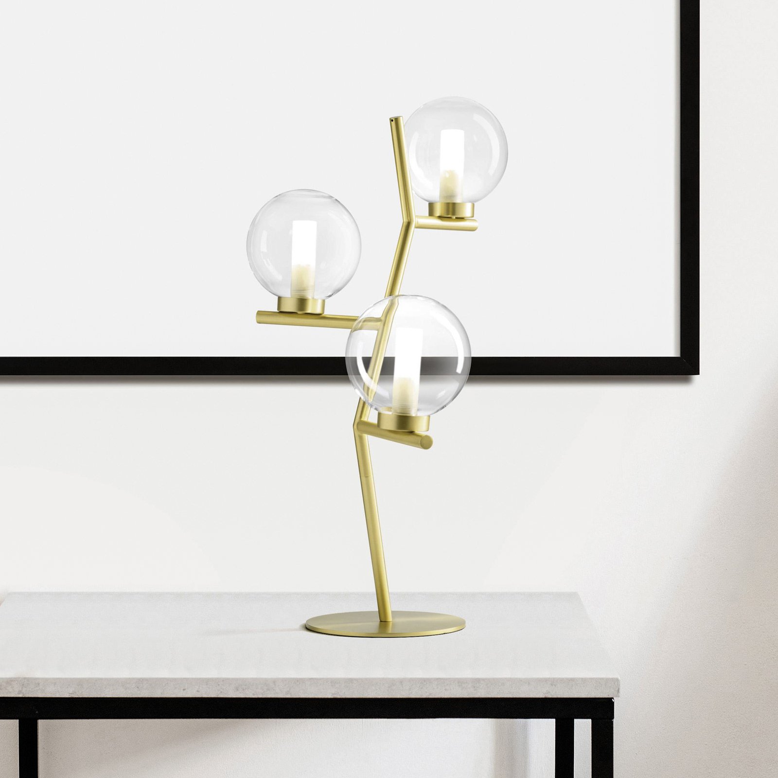 Camely tafellamp, 3-lamps, geborsteld goud/helder, glas