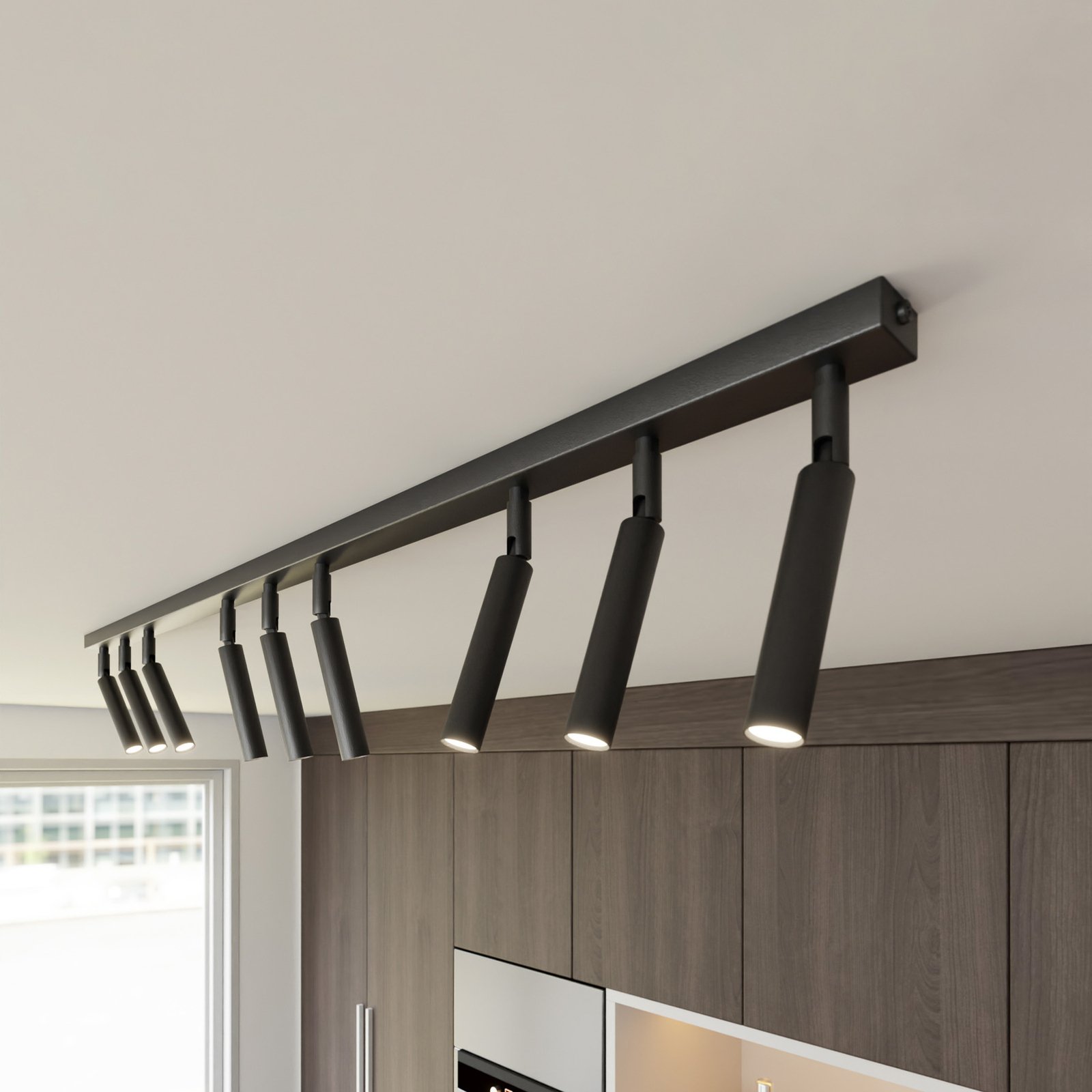 Faretto da soffitto Ivi, a 9 luci, lunghezza 116 cm, nero, metallo, G9