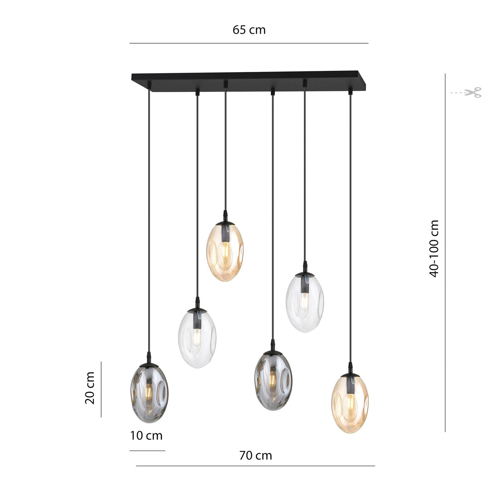 Lampa wisząca Glassy, 6-punktowa, gięte szkło, kolorowa