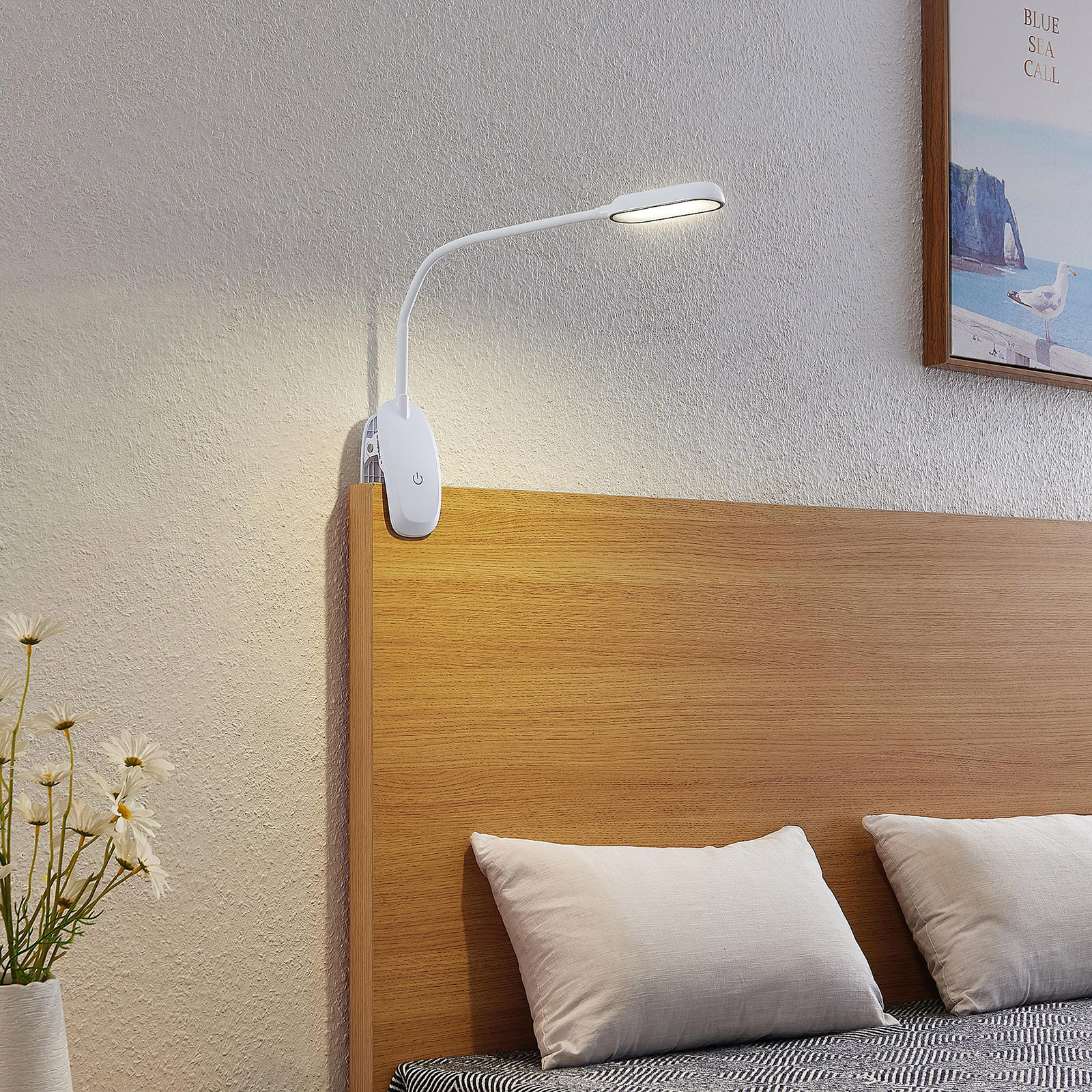 Prios lámpara de pinza LED Najari, blanca, batería recargable, USB, 51 cm