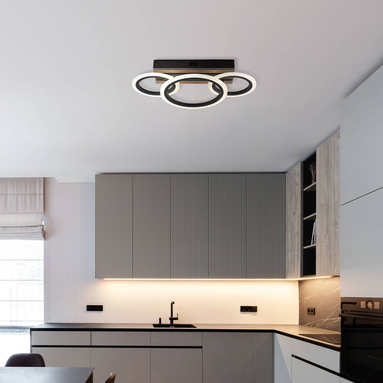 LED-Deckenlampe Blevins 3-flg. schwarz/holzoptik, Länge 46cm günstig online kaufen