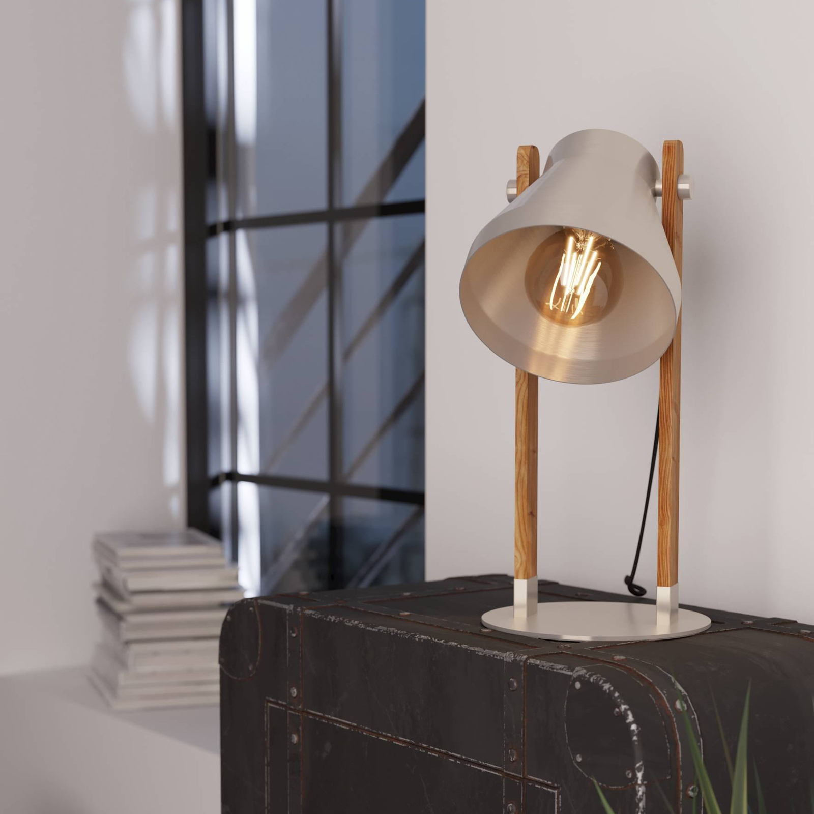 Настолна лампа Cawton, височина 38 cm, стомана/кафяв цвят, стомана/дърво
