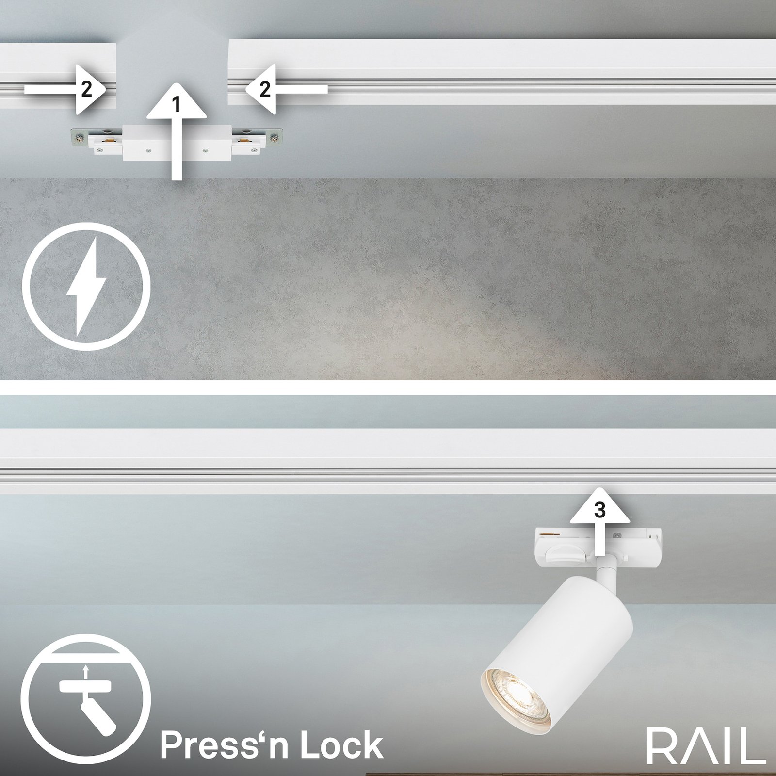 HV railsystem Rail, wit, 6-lamps, 2,25 m, hoekconnector 