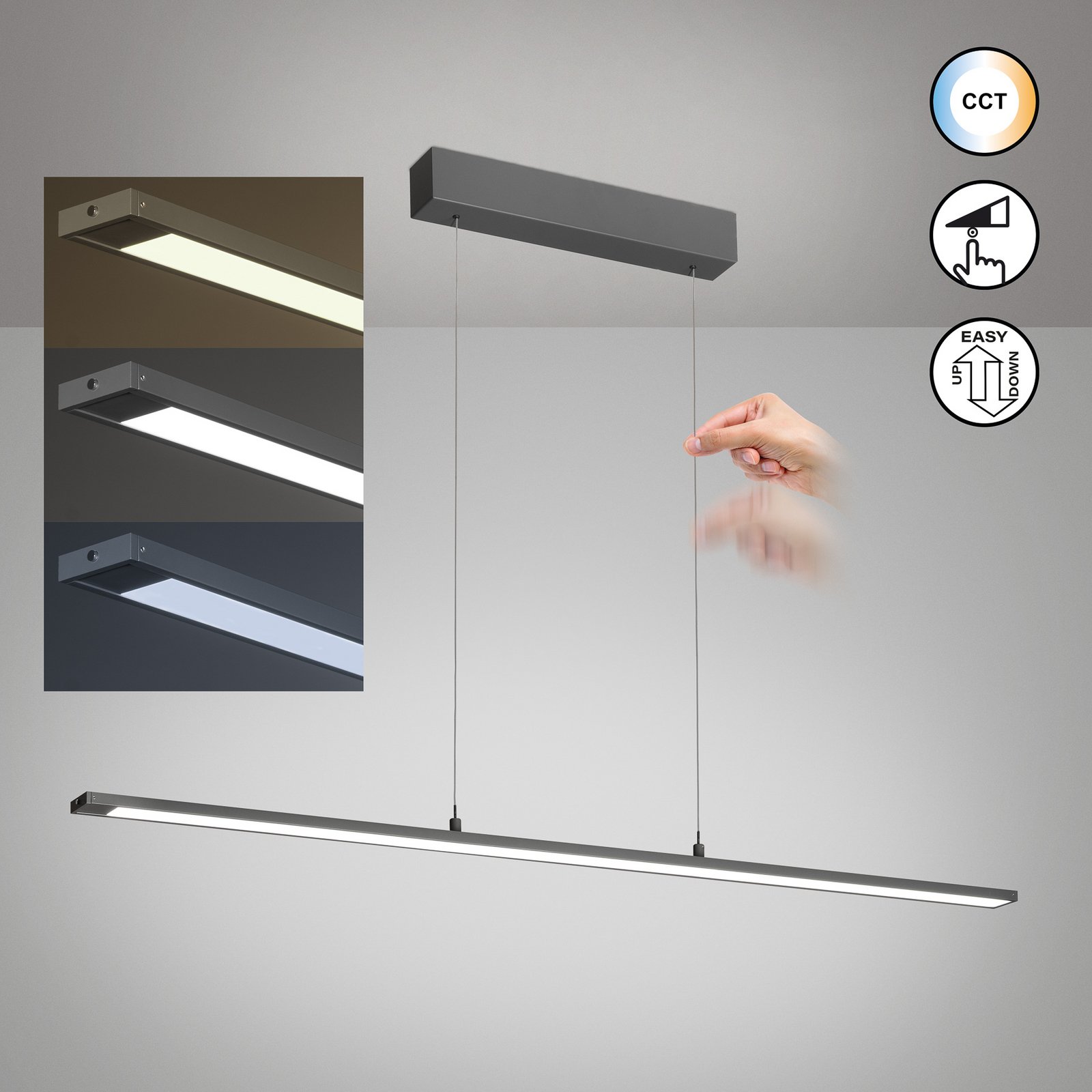 Lámpara colgante LED Marlo, gris, longitud 120 cm, CCT, regulador táctil Lámpara colgante LED Marlo, gris, longitud 120 cm, CCT, regulador táctil