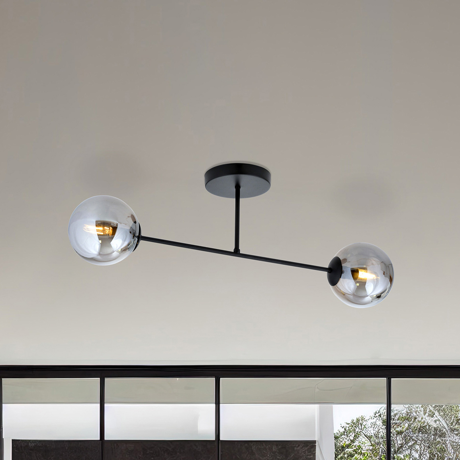 Glassy ceiling light, 2-bulb, grey glass