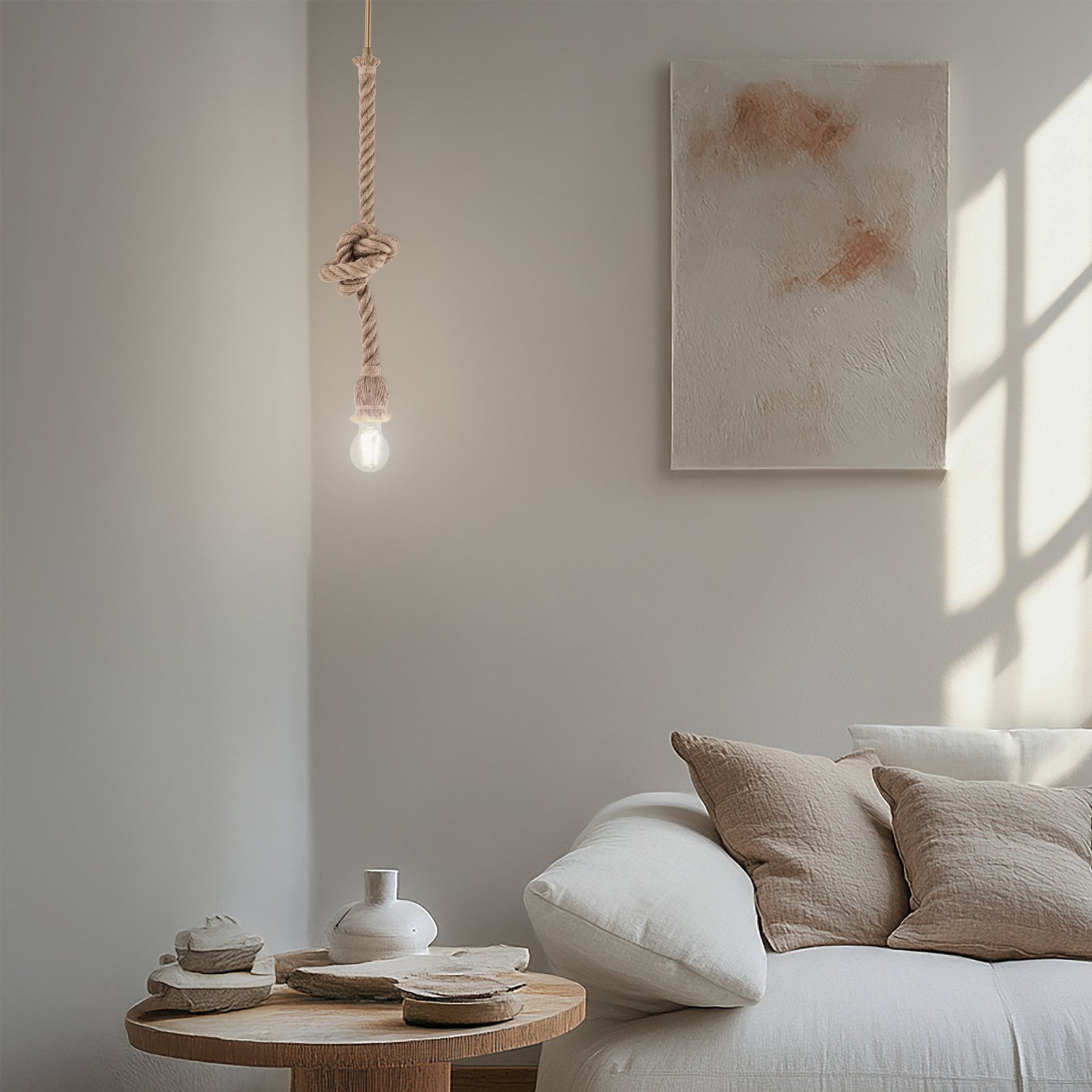 Lampada a sospensione AYD, beige, corda, altezza 70 cm, E27, fatta a mano