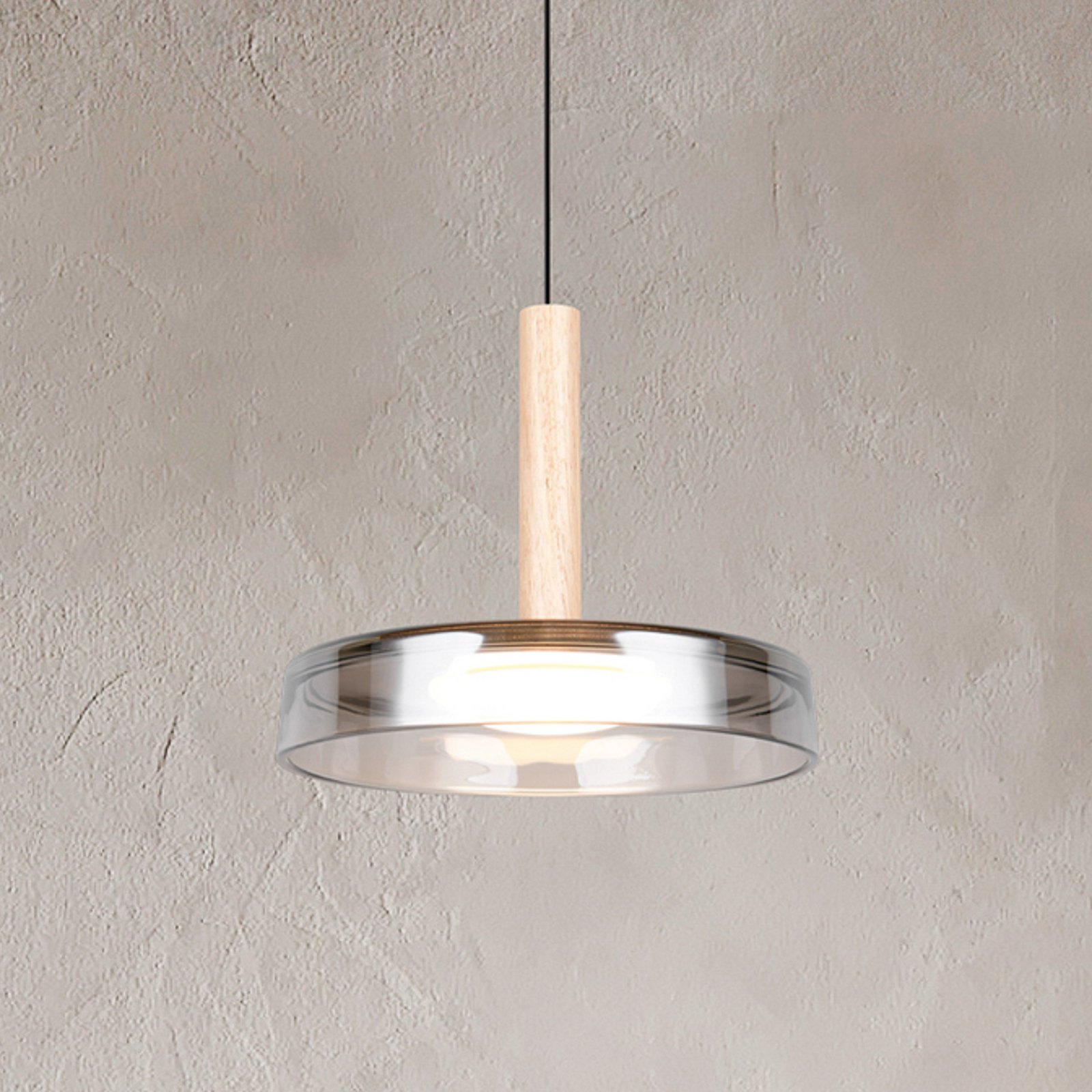 Suspension LED Celeste, chrome/bois, Ø 22 cm, verre, intensité variable