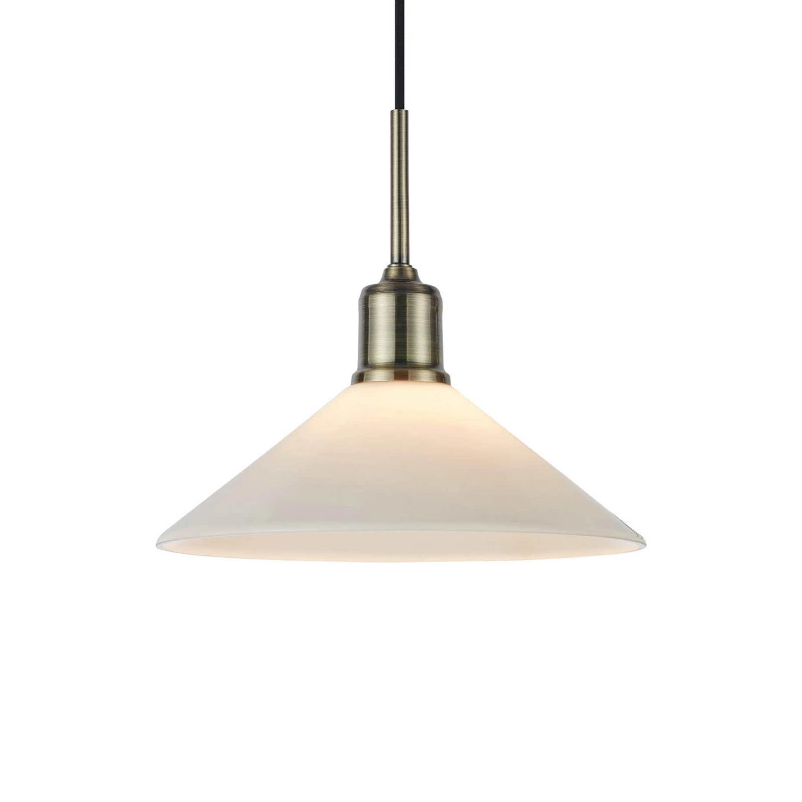 Závěsná lampa Vela, bílá/stará mosaz, sklo/železo Ø 25 cm zástrčka