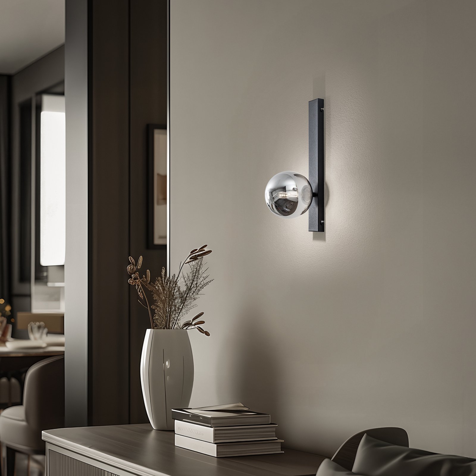 Aplique de pared Rumba, negro/gris humo, cristal/metal, altura 40 cm