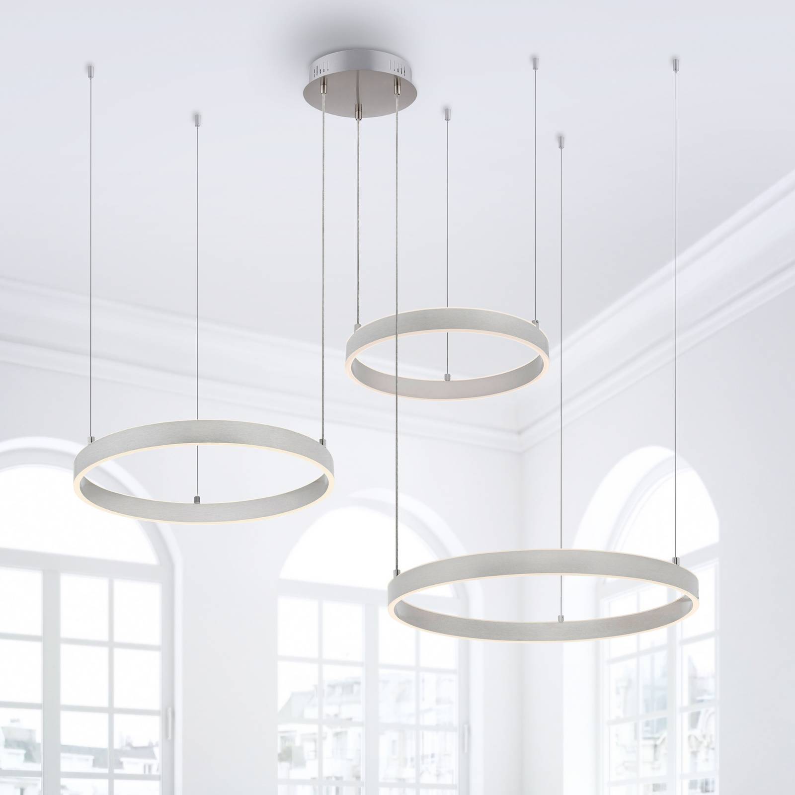 JUST LIGHT. GmbH Suspension LED Lilluti, argent, fer, aluminium, 3 anneaux