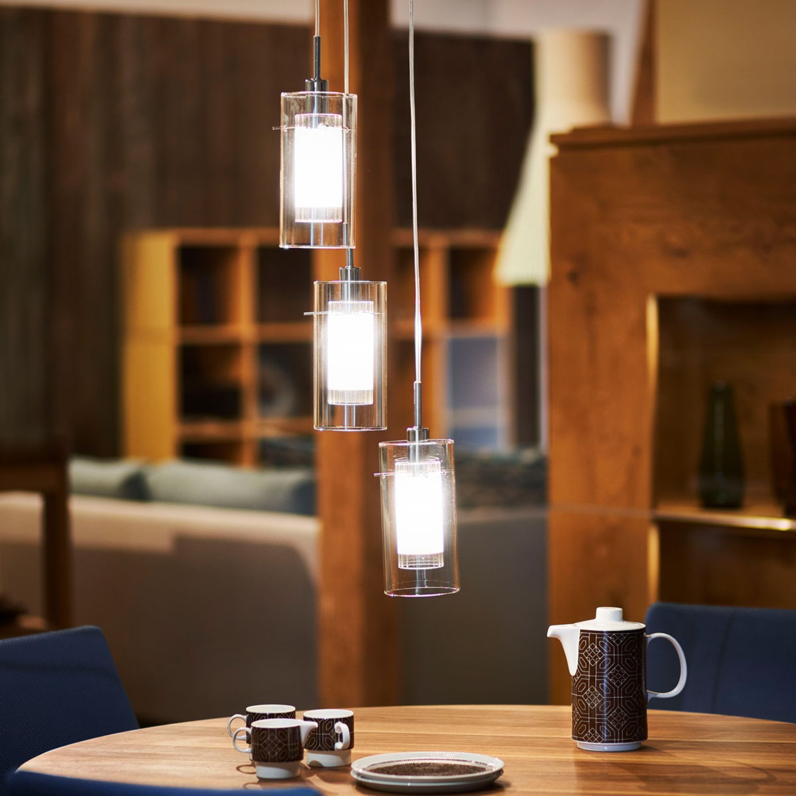 Searchlight Duo 1 hanging light, round, three-bulb, for Living / Dining Room, metal, glass, E14, 40 W, energy efficiency: A++