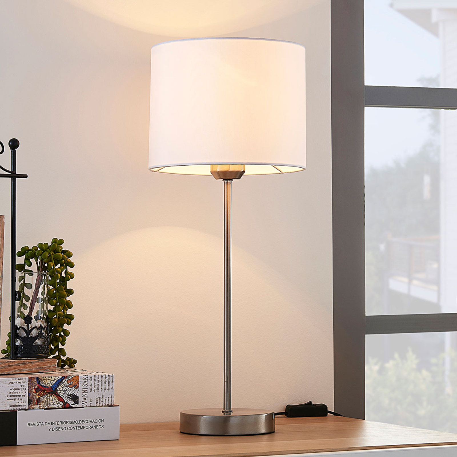Lindby Annatina white table lamp with fabric lampshade, for Bedroom, fabric, metal, E27, 60 W, energy efficiency: A++, H: 48 cm