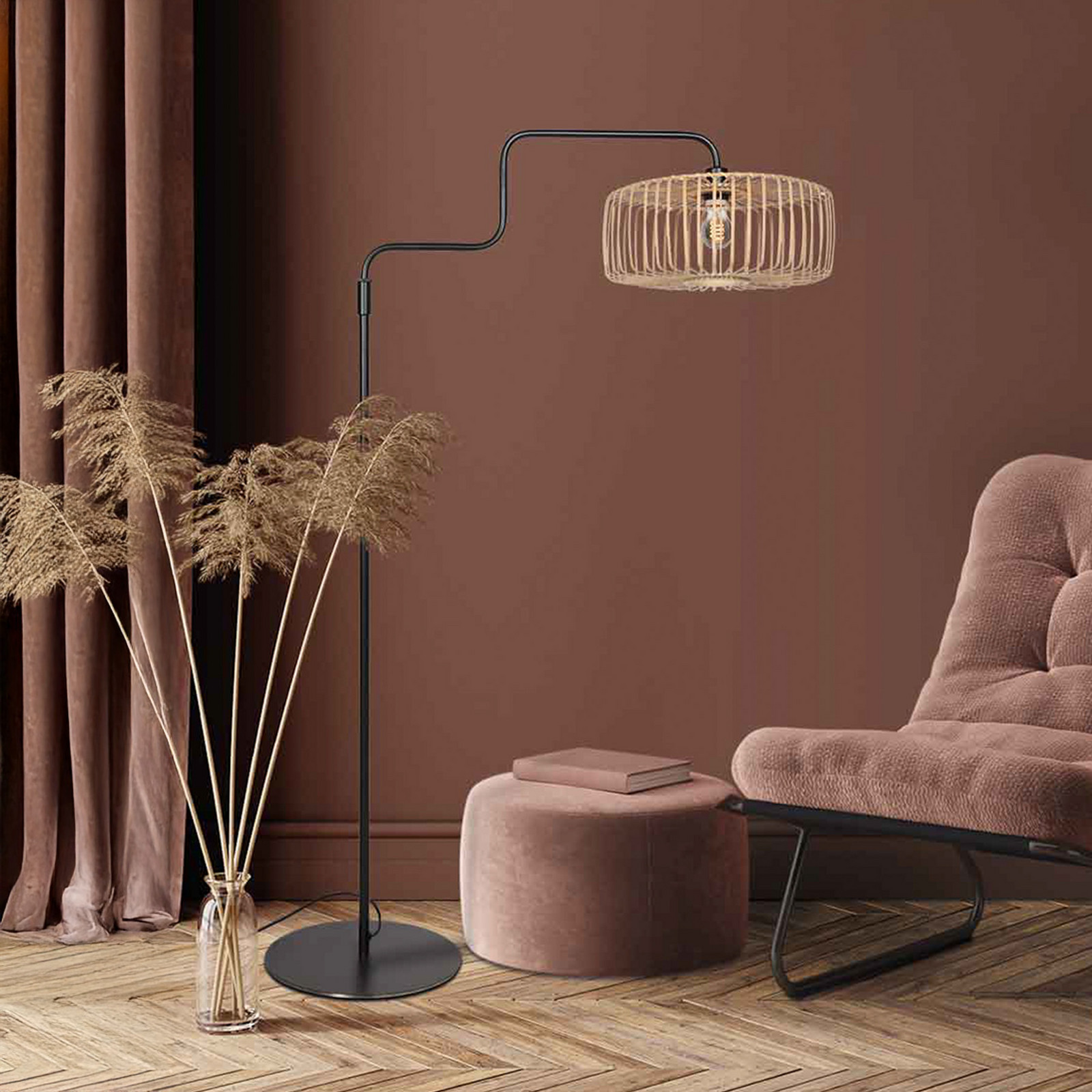 Steinhauer Lampadar Bloeba negru/bambus natural înălțime 150 cm - Camera de zi / sufragerie - negru lemn deschis la culoare - Metal