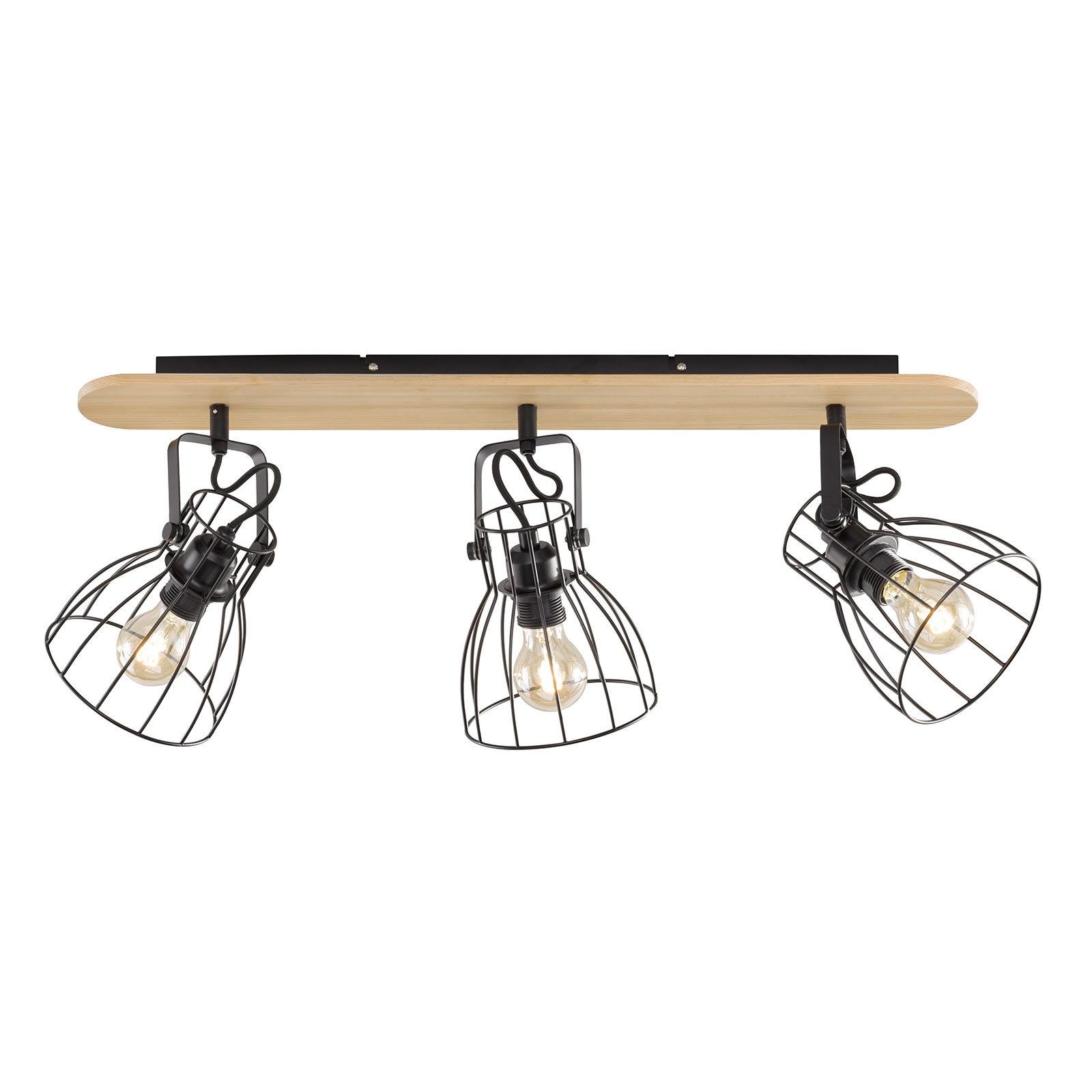 Medžio išvaizdos lubinis šviestuvas su 3 narvelių gaubtais