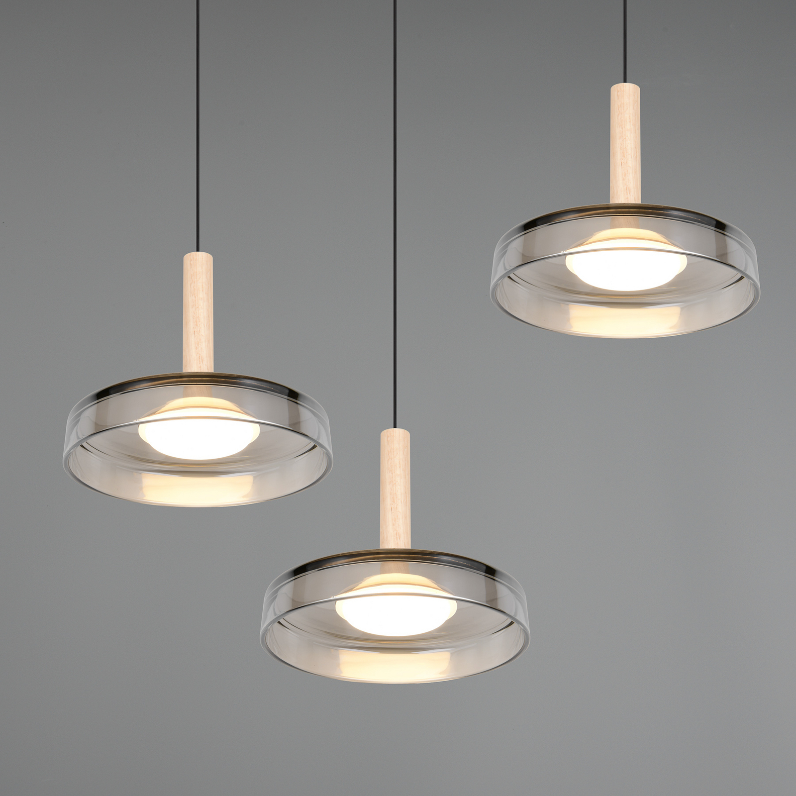 Lámpara colgante LED Celeste, cromo/madera, Ø 35 cm 3 luces de cristal