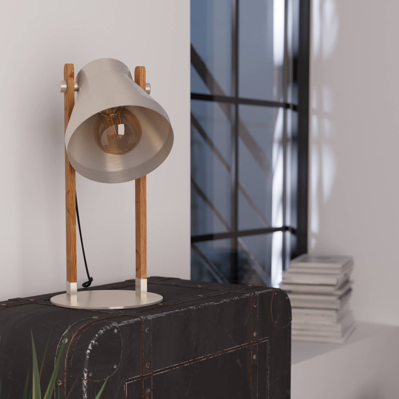 Lampa stołowa Cawton, wysokość 38 cm, stal/brąz, stal/drewno