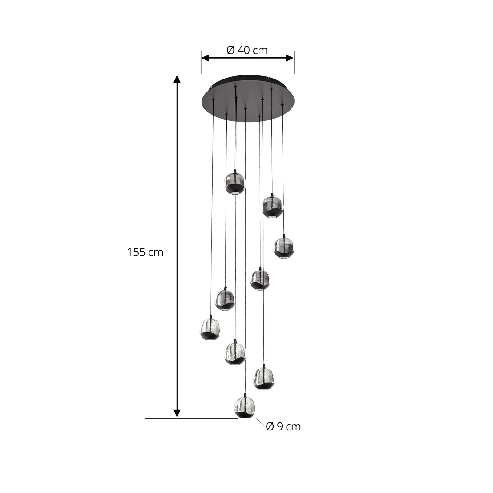 Lucande LED hanging light Hayley, black, 9-bulb, glass
