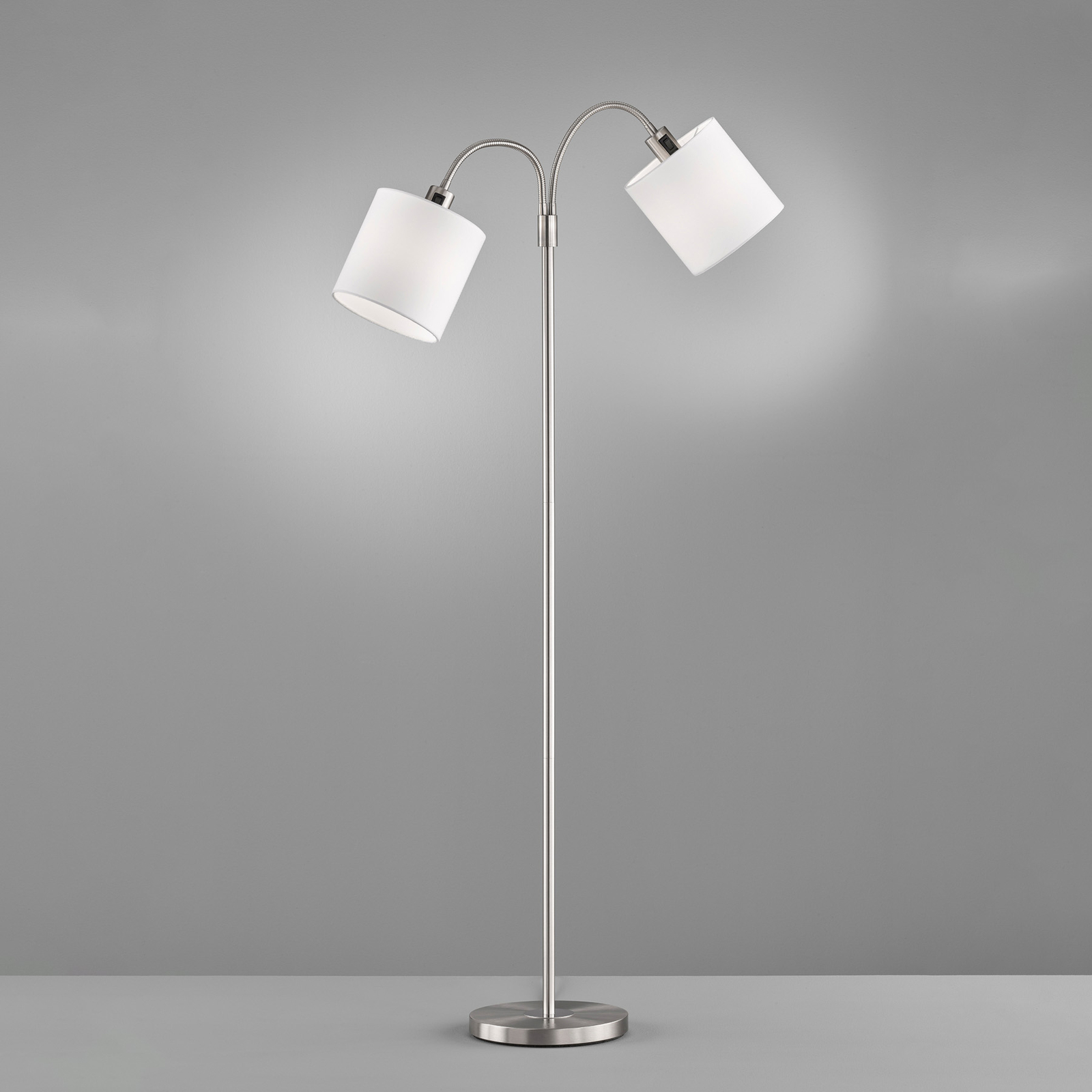Lámpara de pie Cozy, 2 luces, tela, níquel/blanco