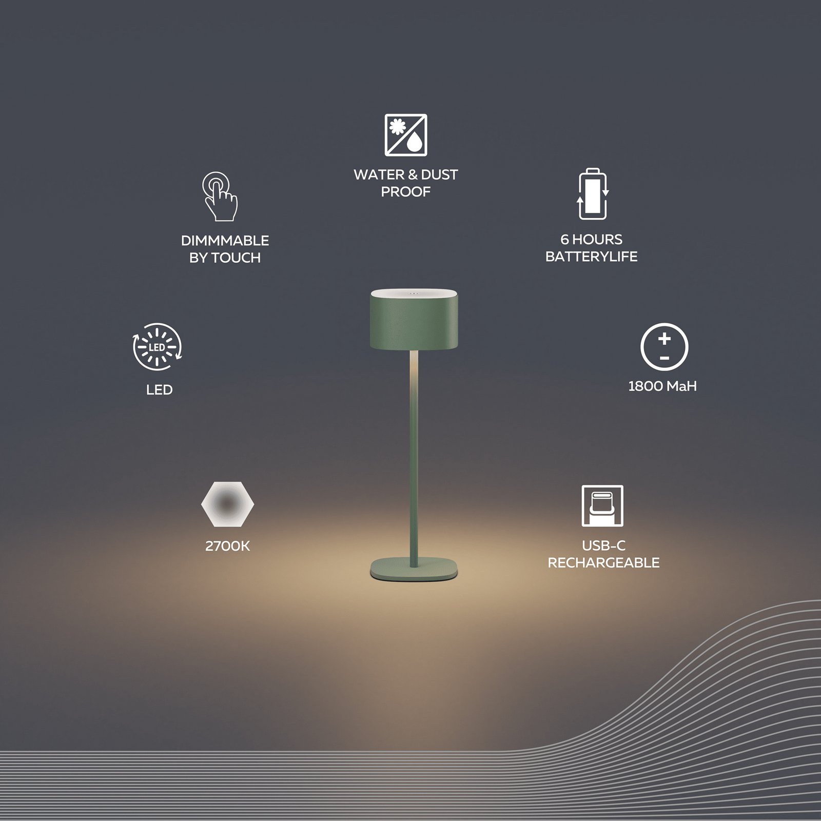 Calex LED-Akku-Tischleuchte Serino, grün, Aluminium, 2.700 K