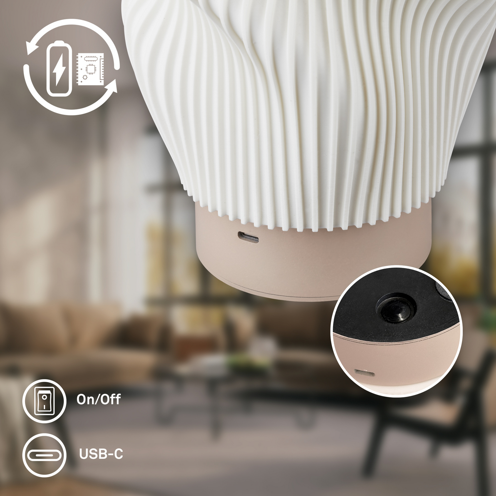 „Brilo unplugged Tubi“ LED baterinė stalo lempa, smėlio spalvos/balta, IP44 „Brilo unplugged Tubi“ LED baterinė stalo lempa, smėlio spalvos/balta, IP44