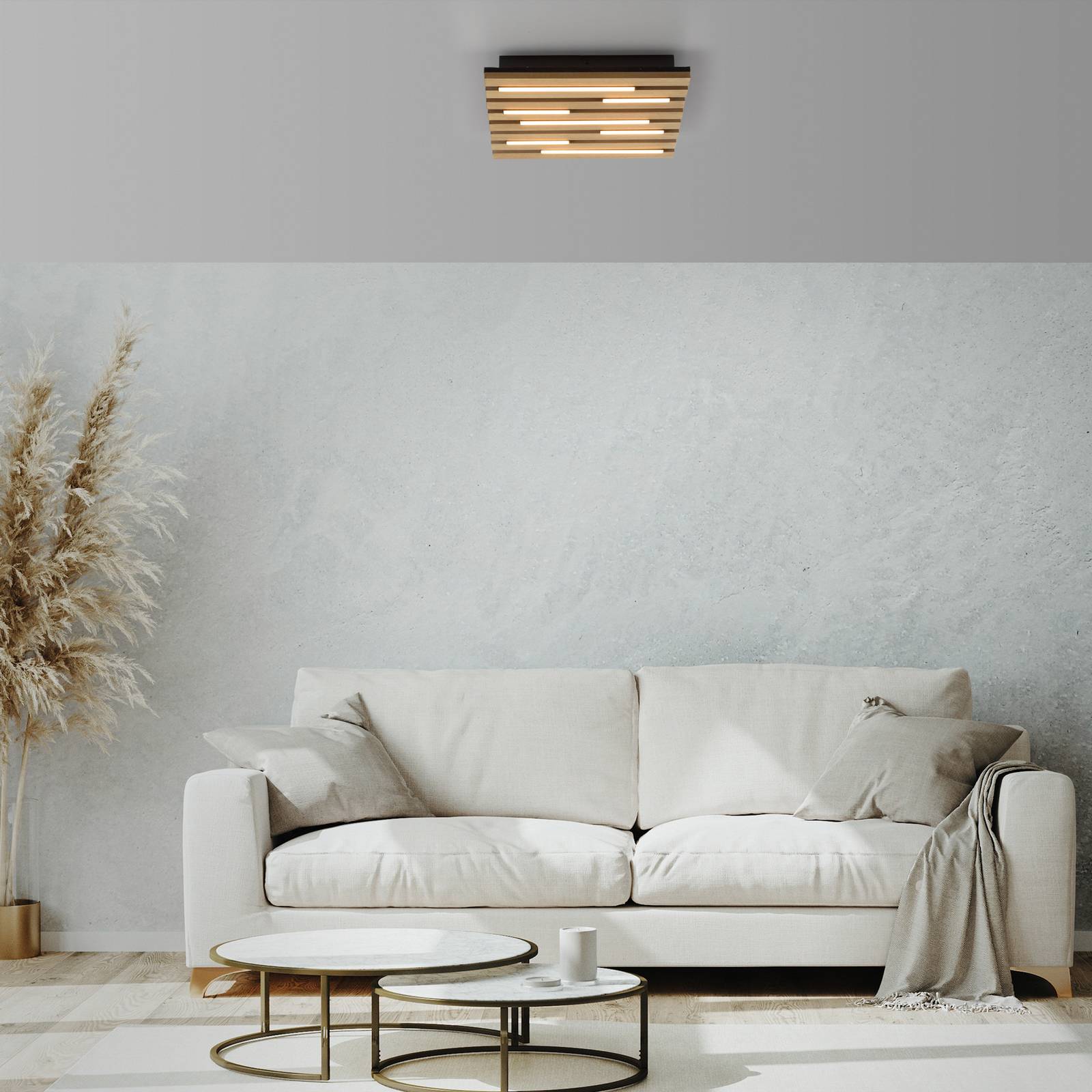 LED-taklampe Akustik, 30 x 30 cm, naturlig tre, metall