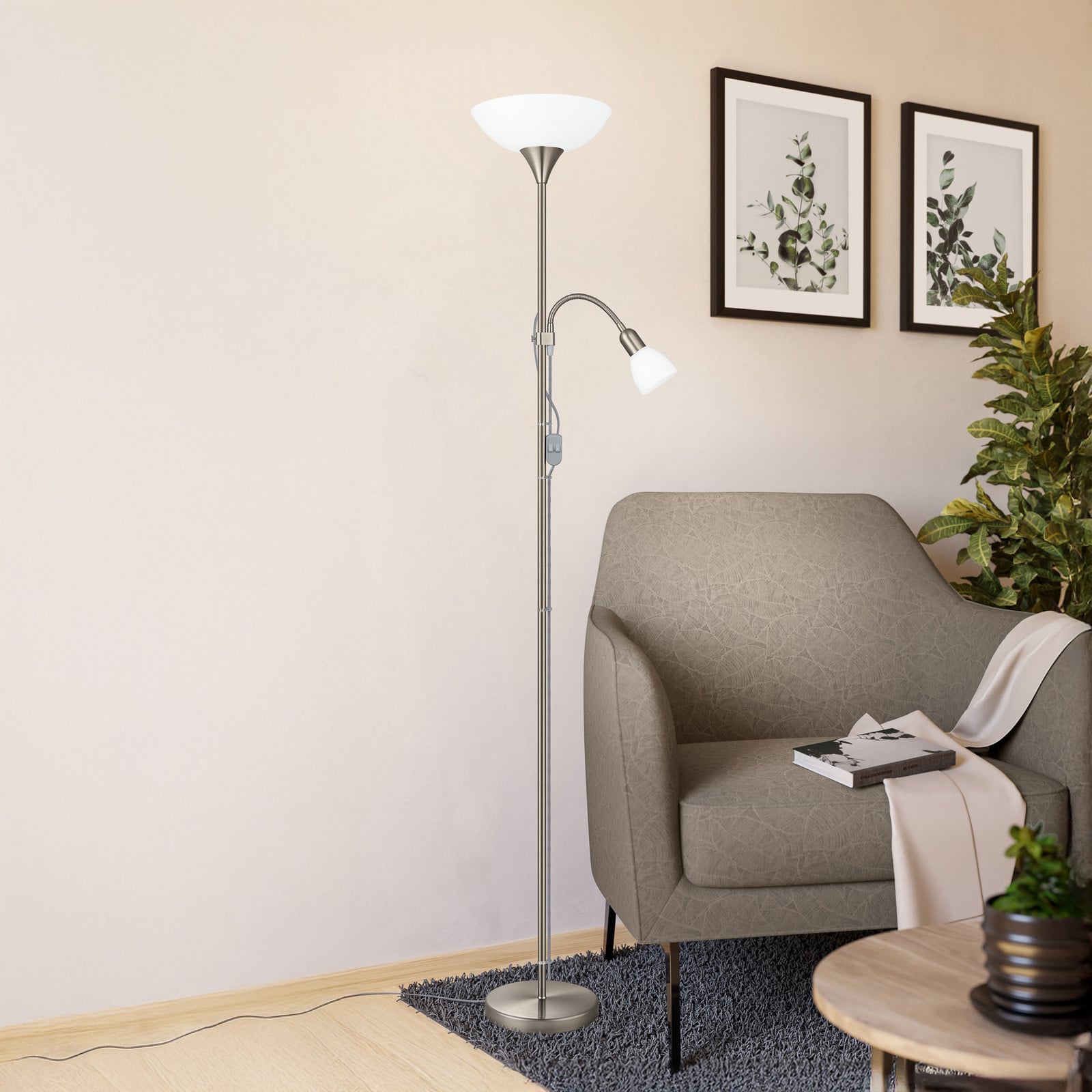 EGLO Up 2 lampadar independent cu lumină de lectură - Camera de zi / sufragerie - modern - nichel mat alb - Metal