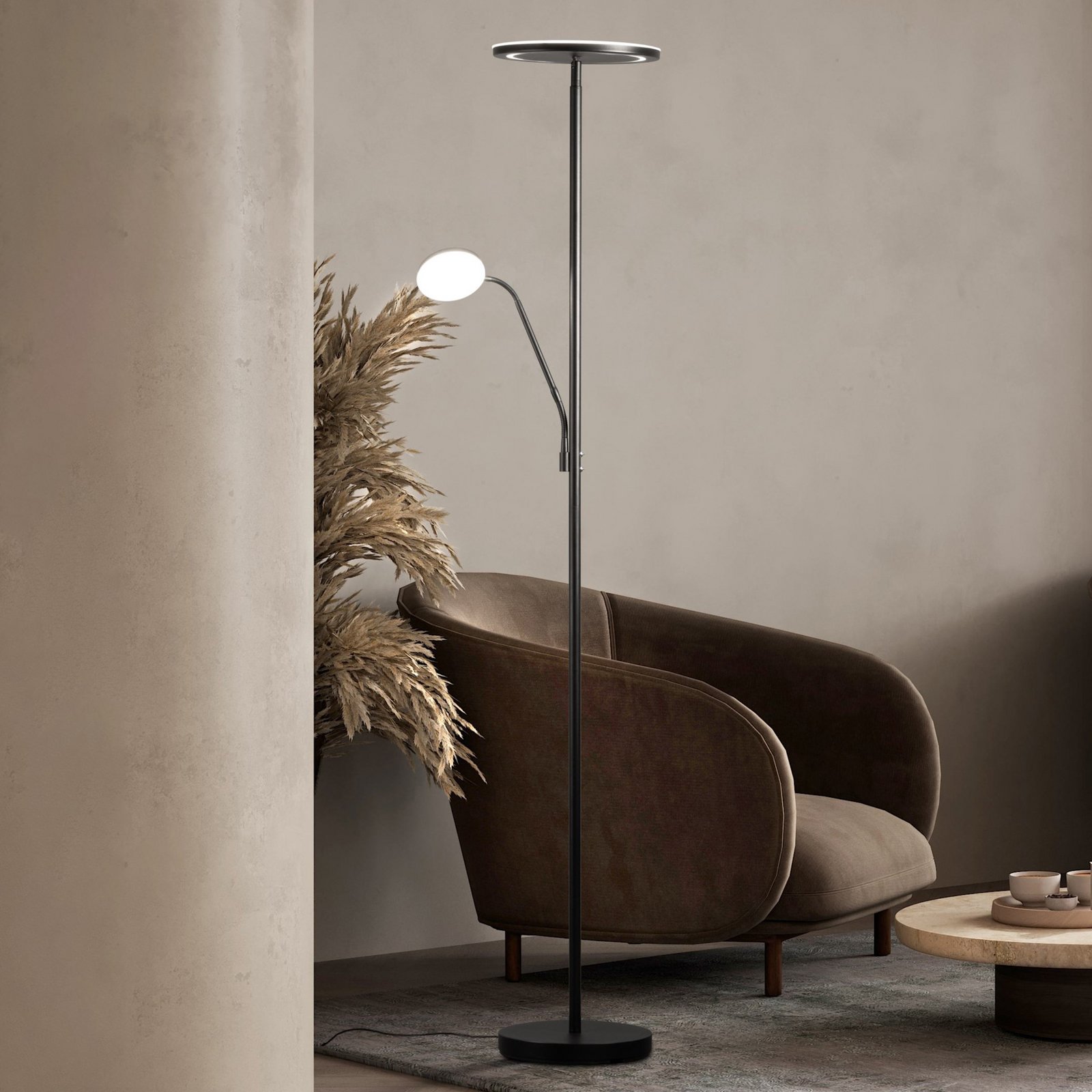 LED-gulvlampe Sorento, sandgrå, høyde 182 cm, leselampe