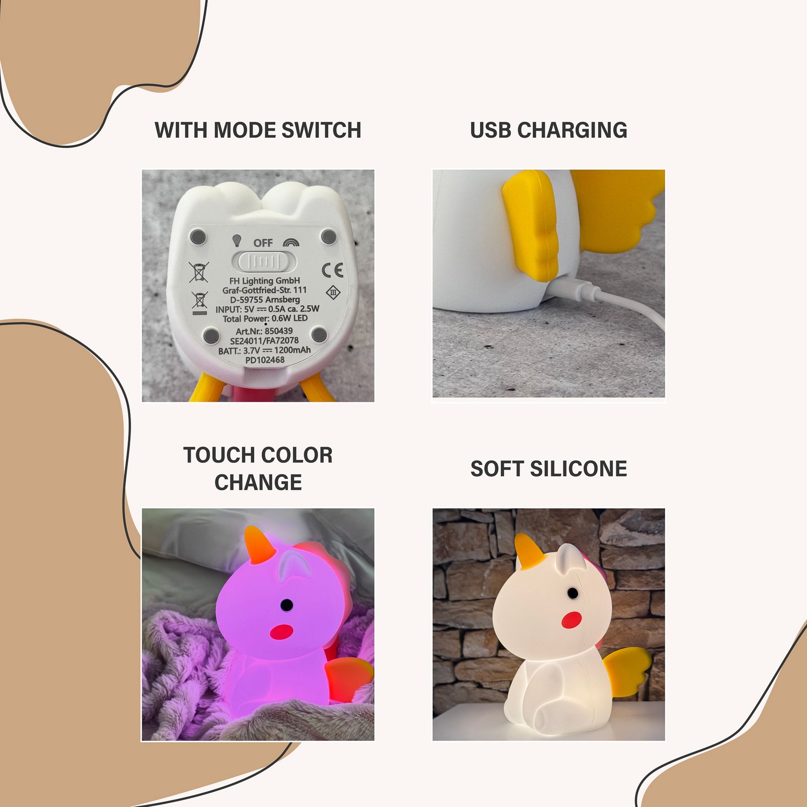 LED-Akku-Nachttischlampe Unicorno, Einhorn, RGB, dimmbar