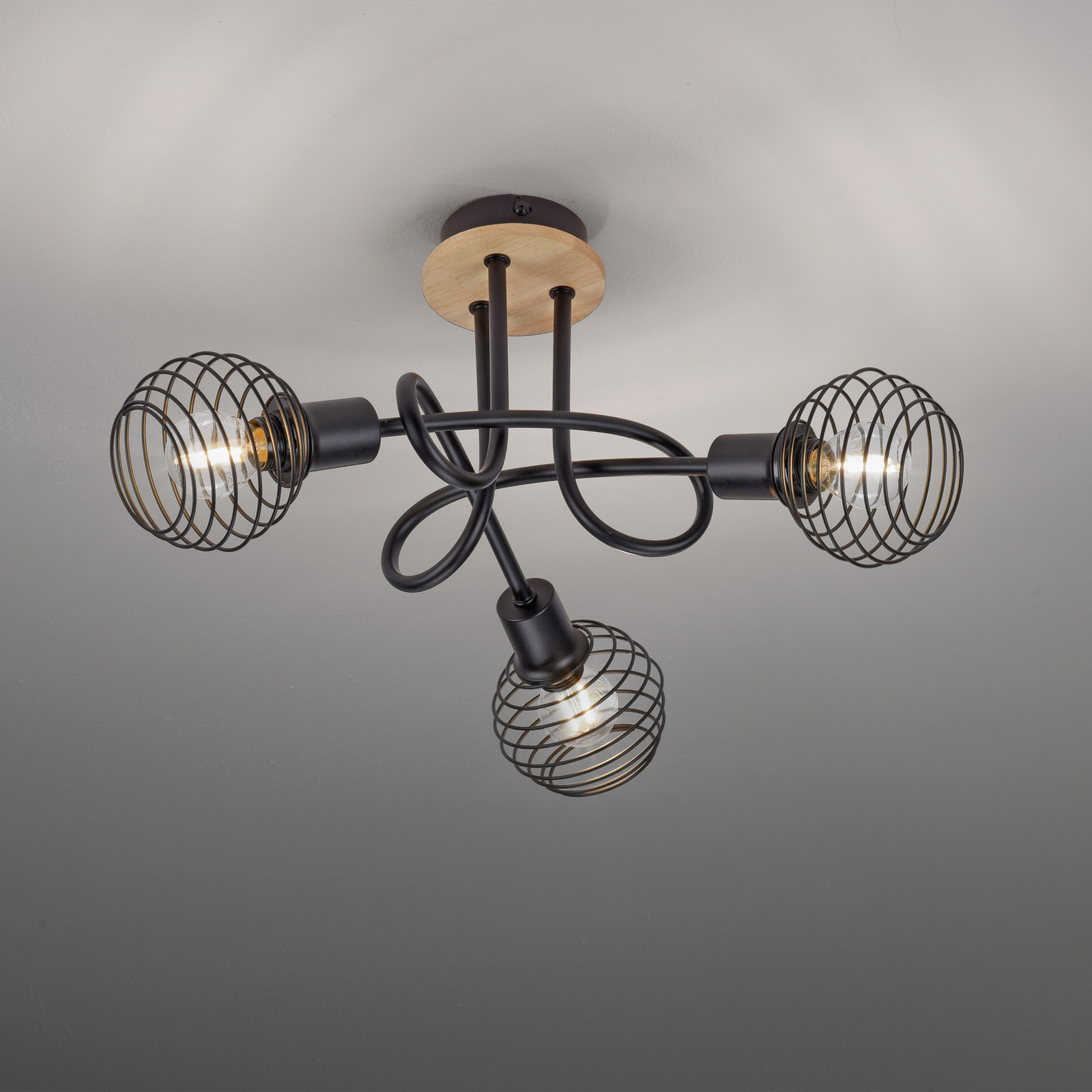 Plafondlamp Eugen, 3-lamps met houtdecor