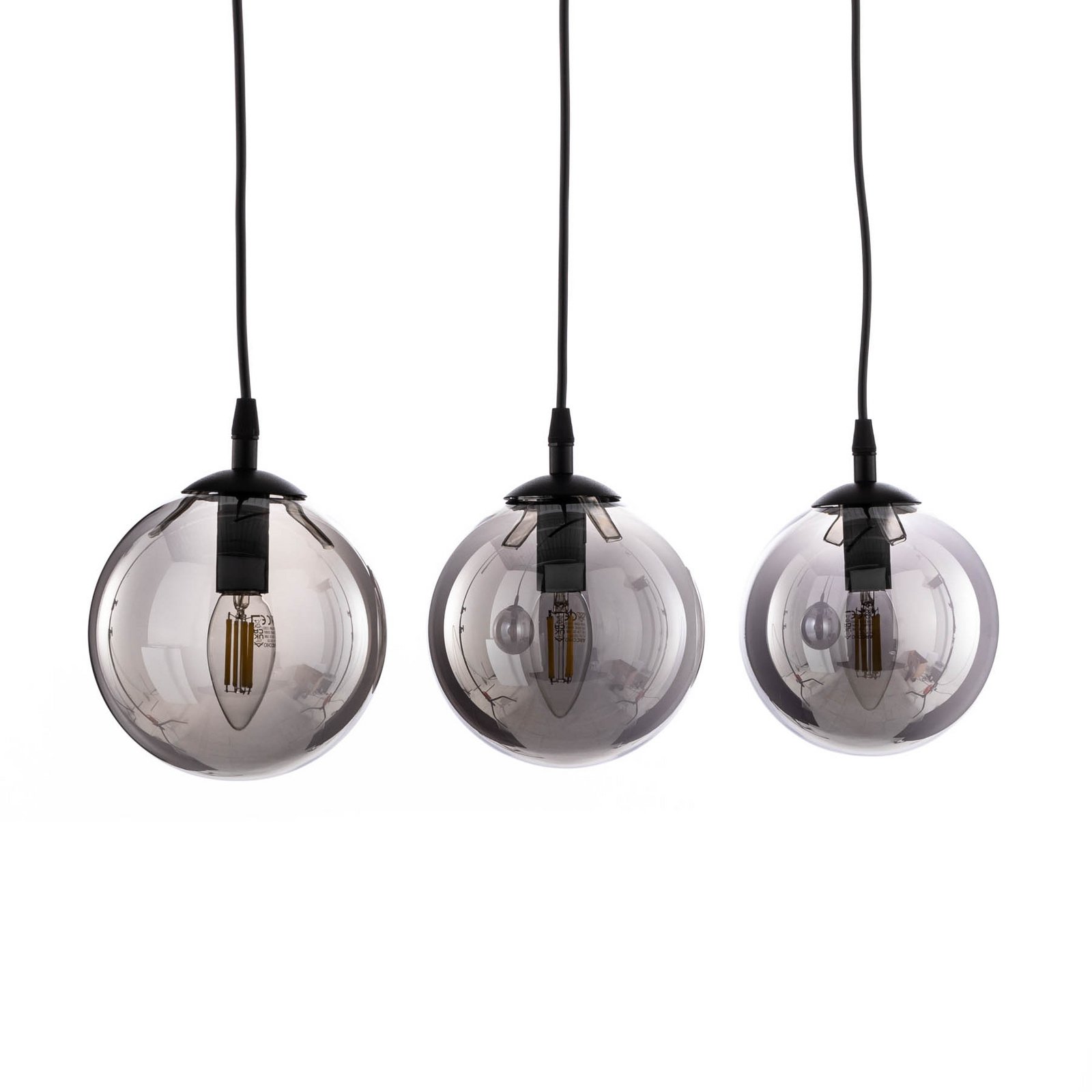 Glassy pendant light, 3-bulb, straight, black, graphite, glass