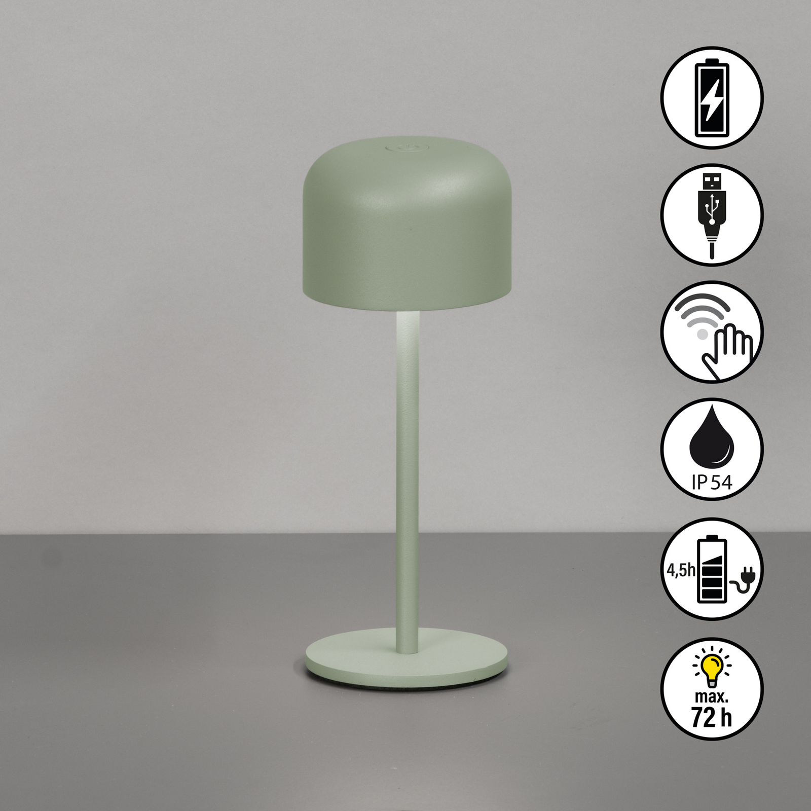 LED-Akku-Tischlampe Finley salbeigrün Höhe 22 cm Metall IP54