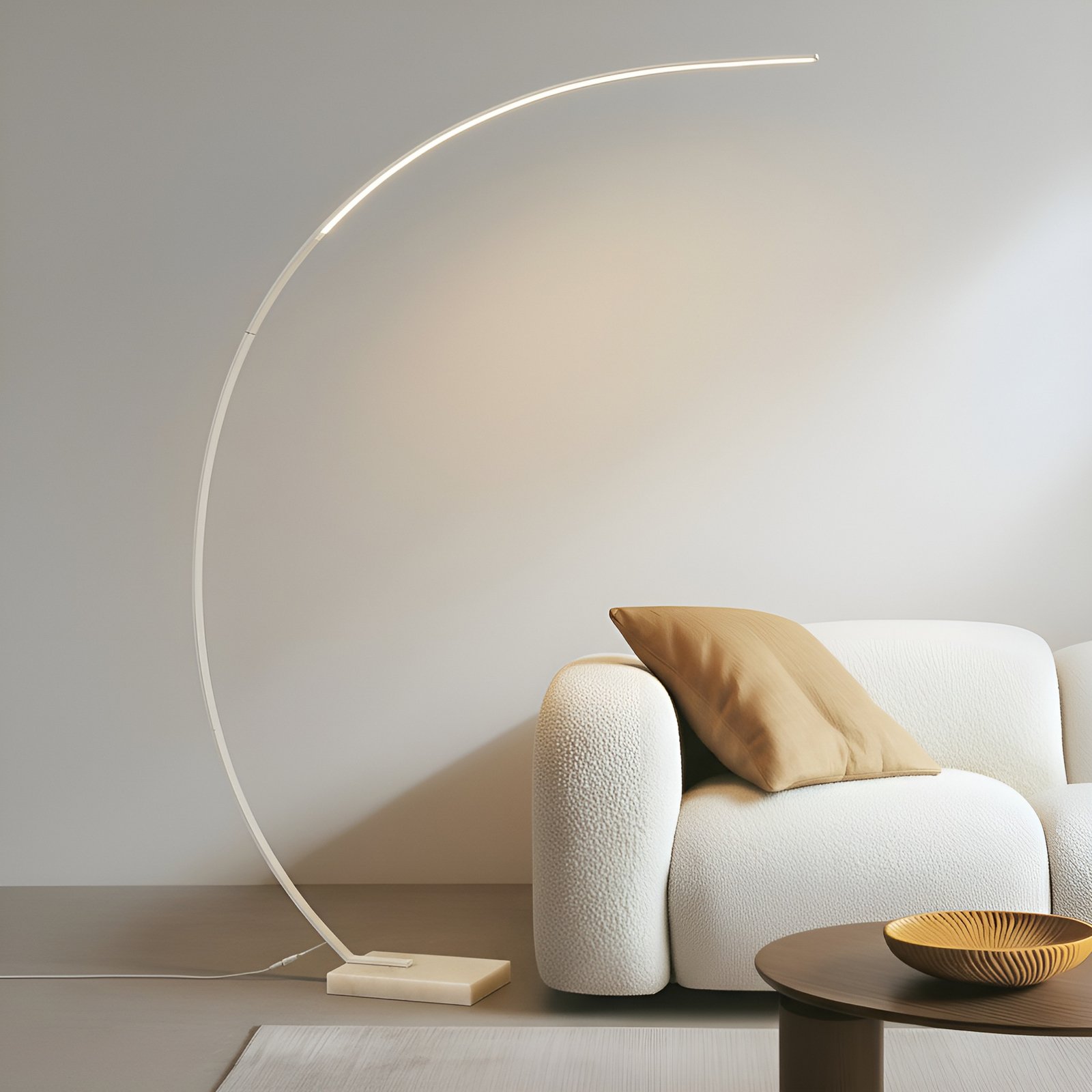 Lindby LED candeeiro de pé arqueado Kendra, branco, alumínio, altura 180cm