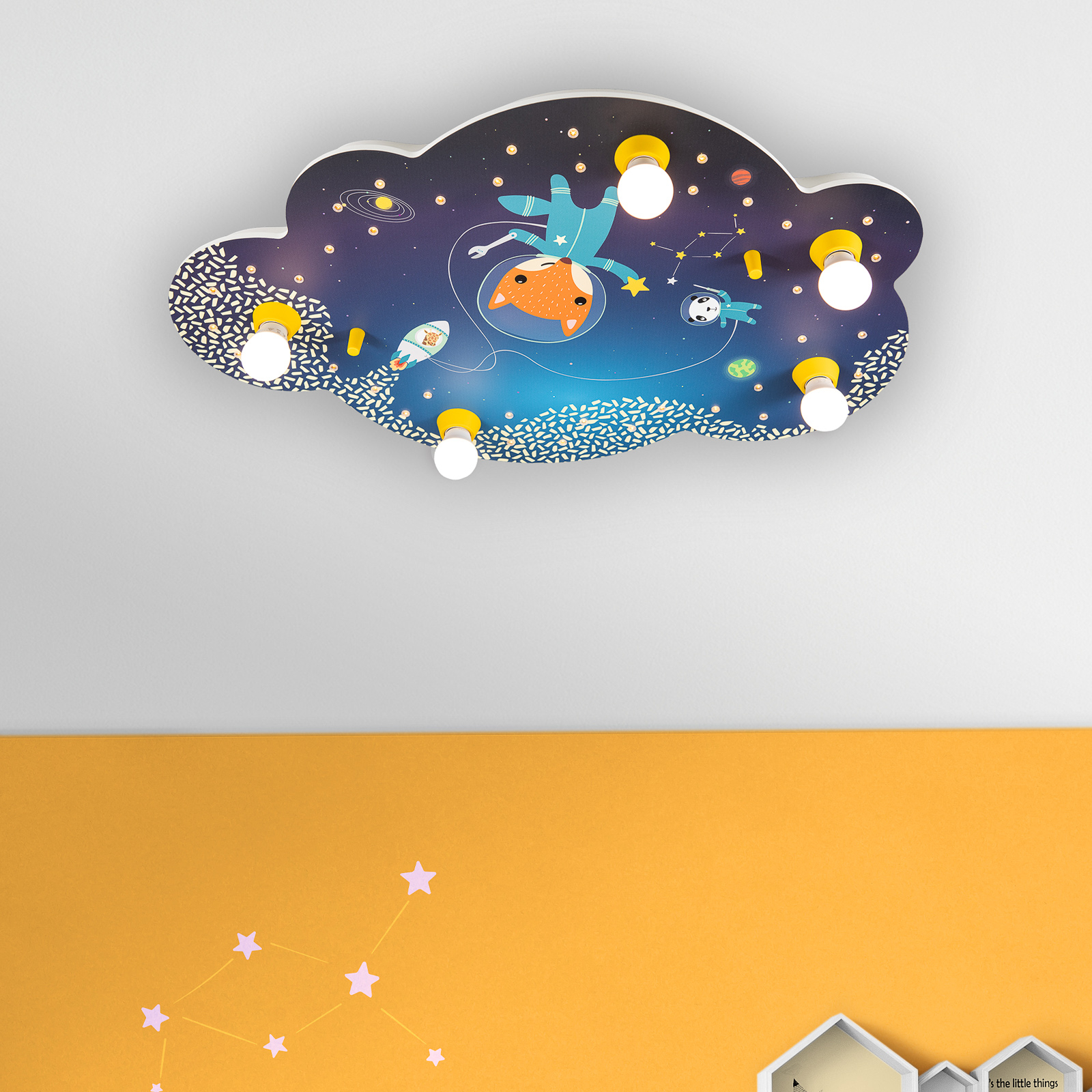 Elobra Space Mission ceiling light, picture cloud, blue, for Children's Room, wood, E14, 40 W, energy efficiency: A++, L: 75 cm, W: 50 cm, H: 8 cm