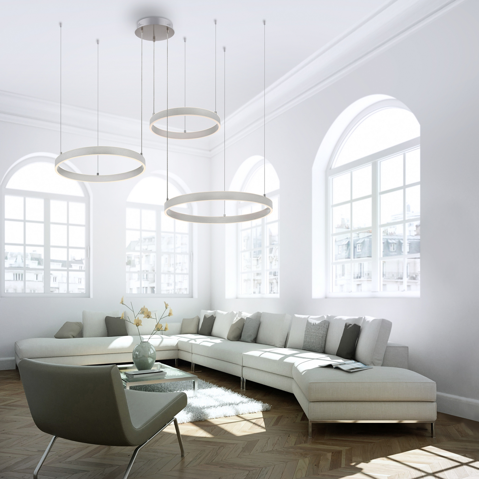 Żyrandol LED Lilluti, srebrna, żelazo, aluminium, 3 pierścienie Żyrandol LED Lilluti, srebrna, żelazo, aluminium, 3 pierścienie