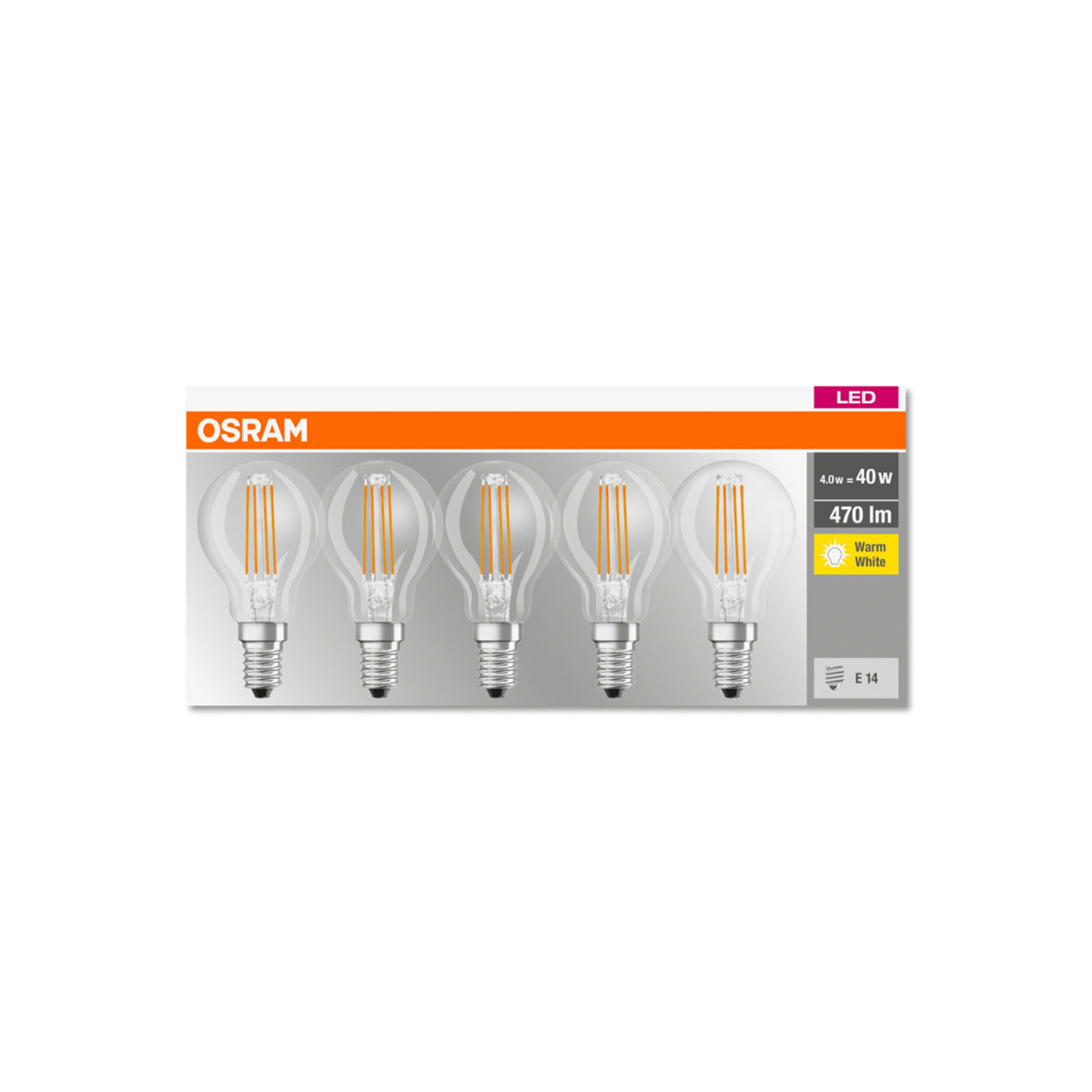 OSRAM-LED-lamppu E14 P40 4W filament 827 470lm, 5