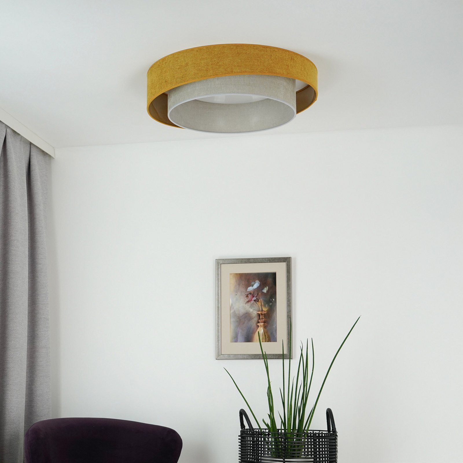 Lampa sufitowa LED Luneta S, szenilowa, musztardowo-żółta/szara, 3-stopniowa