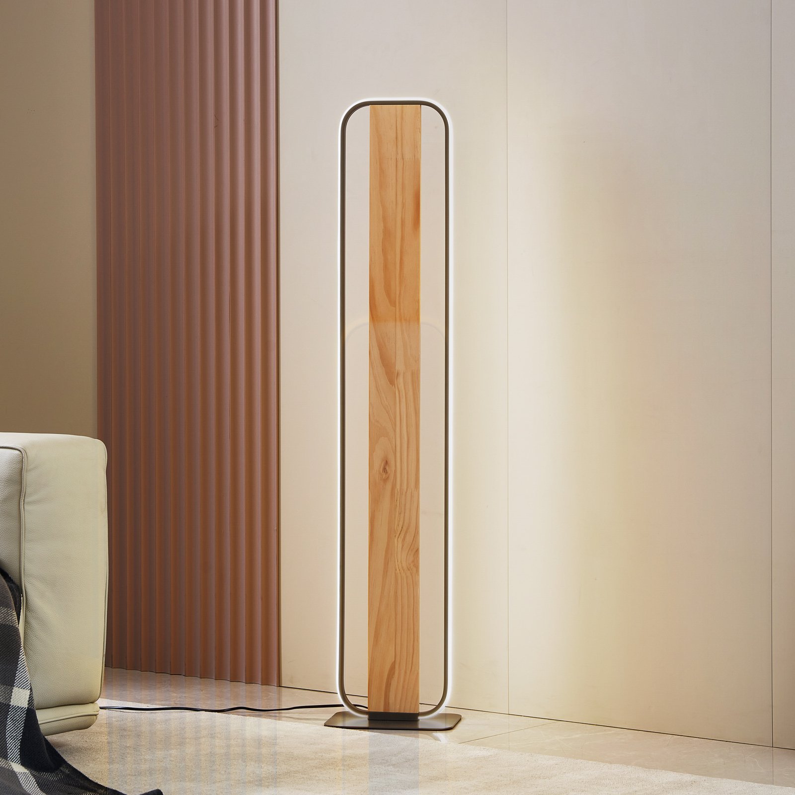 Lindby LED floor lamp Romilda, grey, wood, height 122 cm