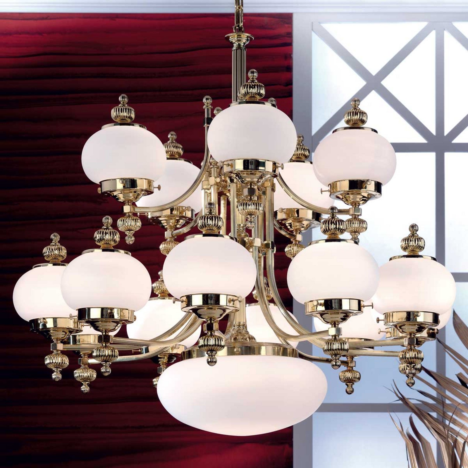 ORION Candelabru Delia culoarea alamei Ø 100 cm 16 lumini sticlă - Camera de zi / sufragerie - Antichitate - alamă alb opal - Metal