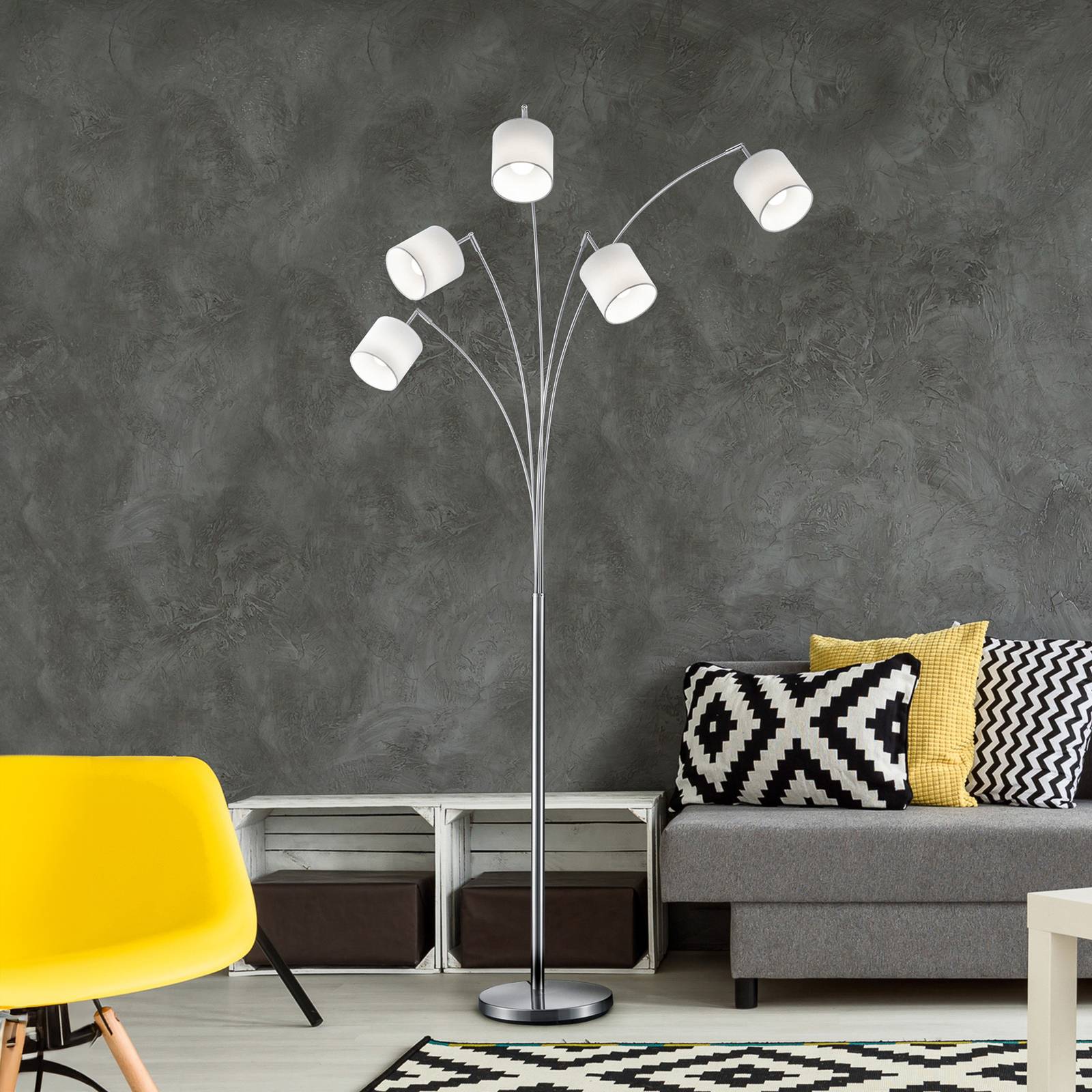 Reality Leuchten Lampadaire Tommy nickel/blanc hauteur 200 cm 5 lampes tissu