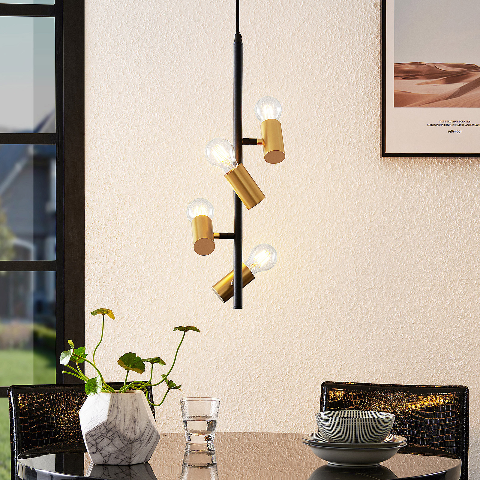 Lindby Idis hanging light, four-bulb, for Living / Dining Room, steel, E27, 60 W, energy efficiency: A++