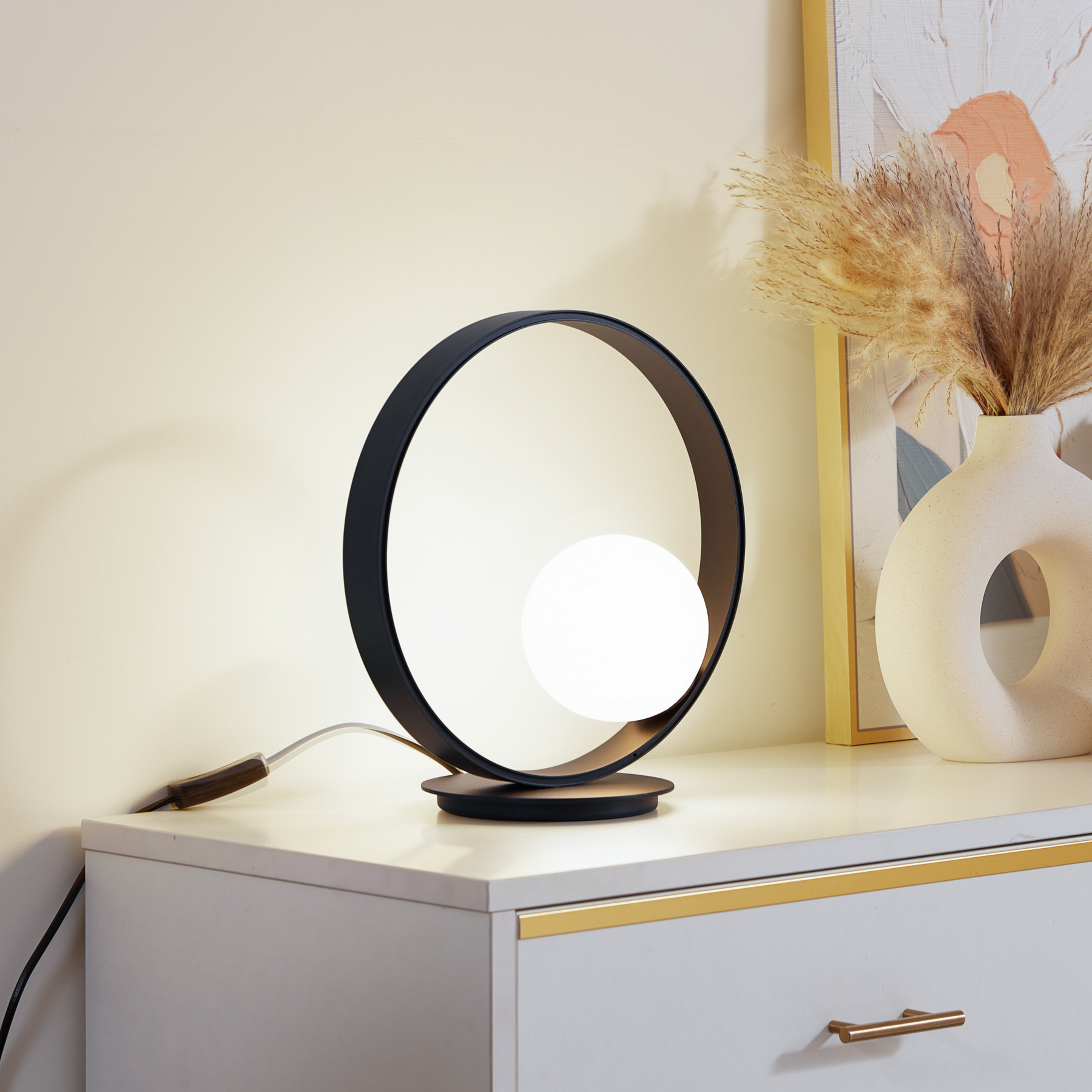Lampa stołowa LED Lucande Luneo, czarny/opal, szkło, ściemniana