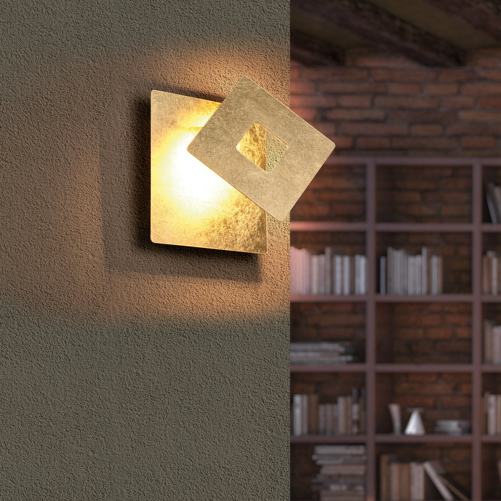 LED-væglampe Leano, firkantet linse, guld, indirekte