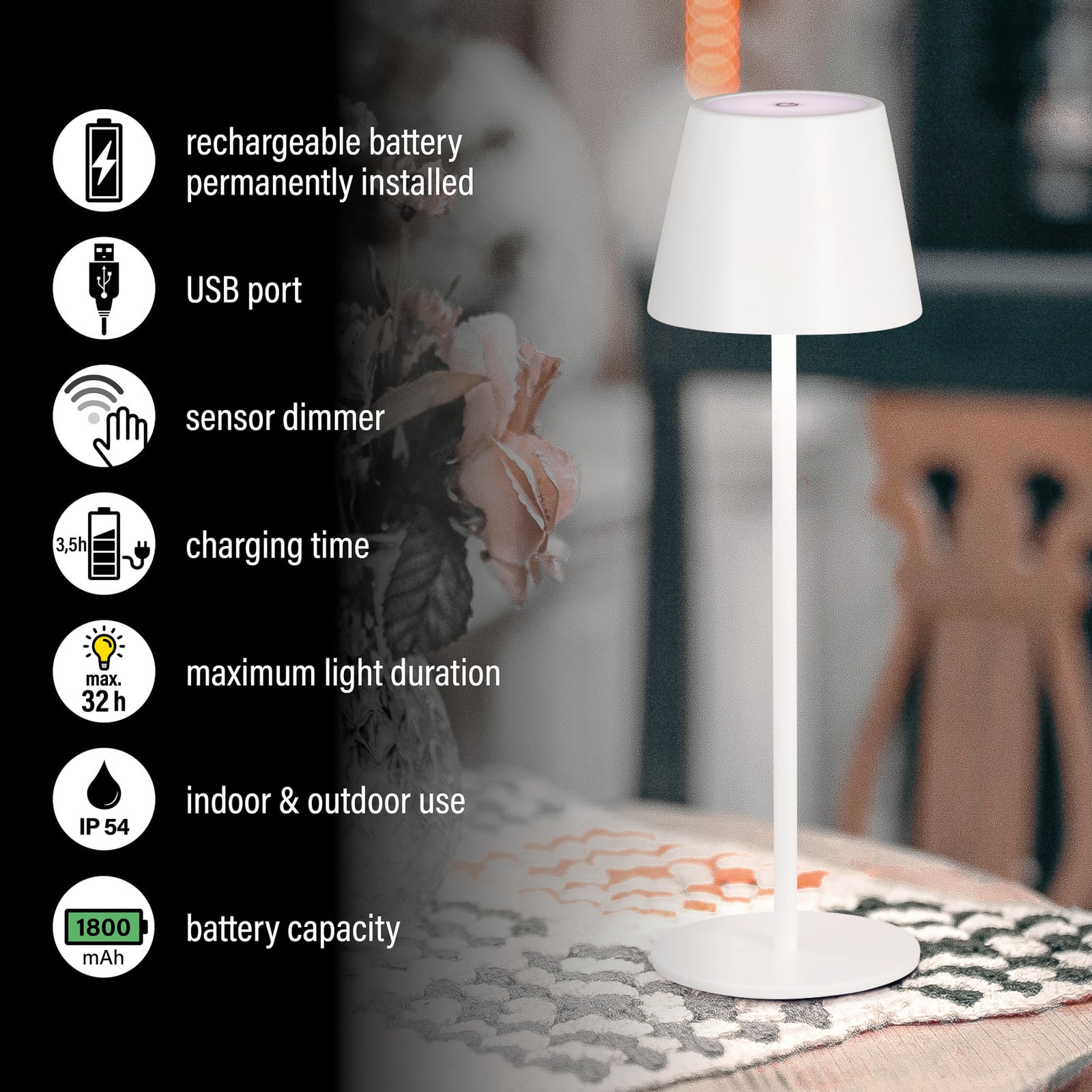 LED акумулаторна настолна лампа Viletto, бяла, IP54