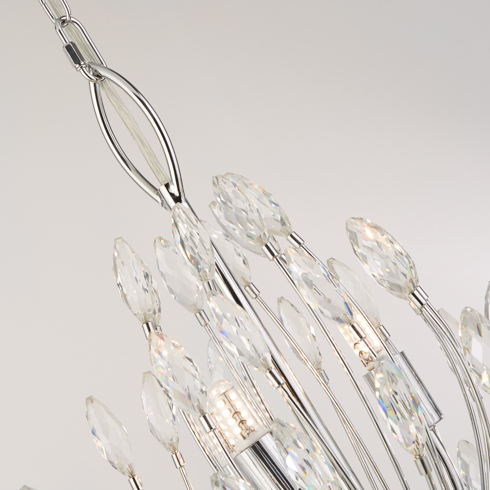 Peacock pendant light, chrome/clear, crystal glass, Ø 37 cm, G9