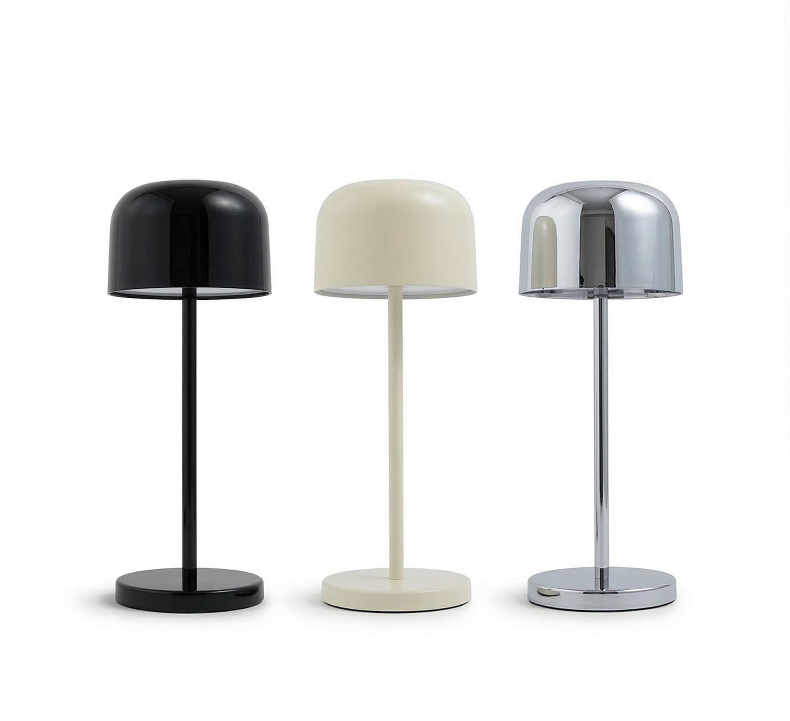 Lampe de table LED rechargeable Quill chrome/beige/noir, station de recharge