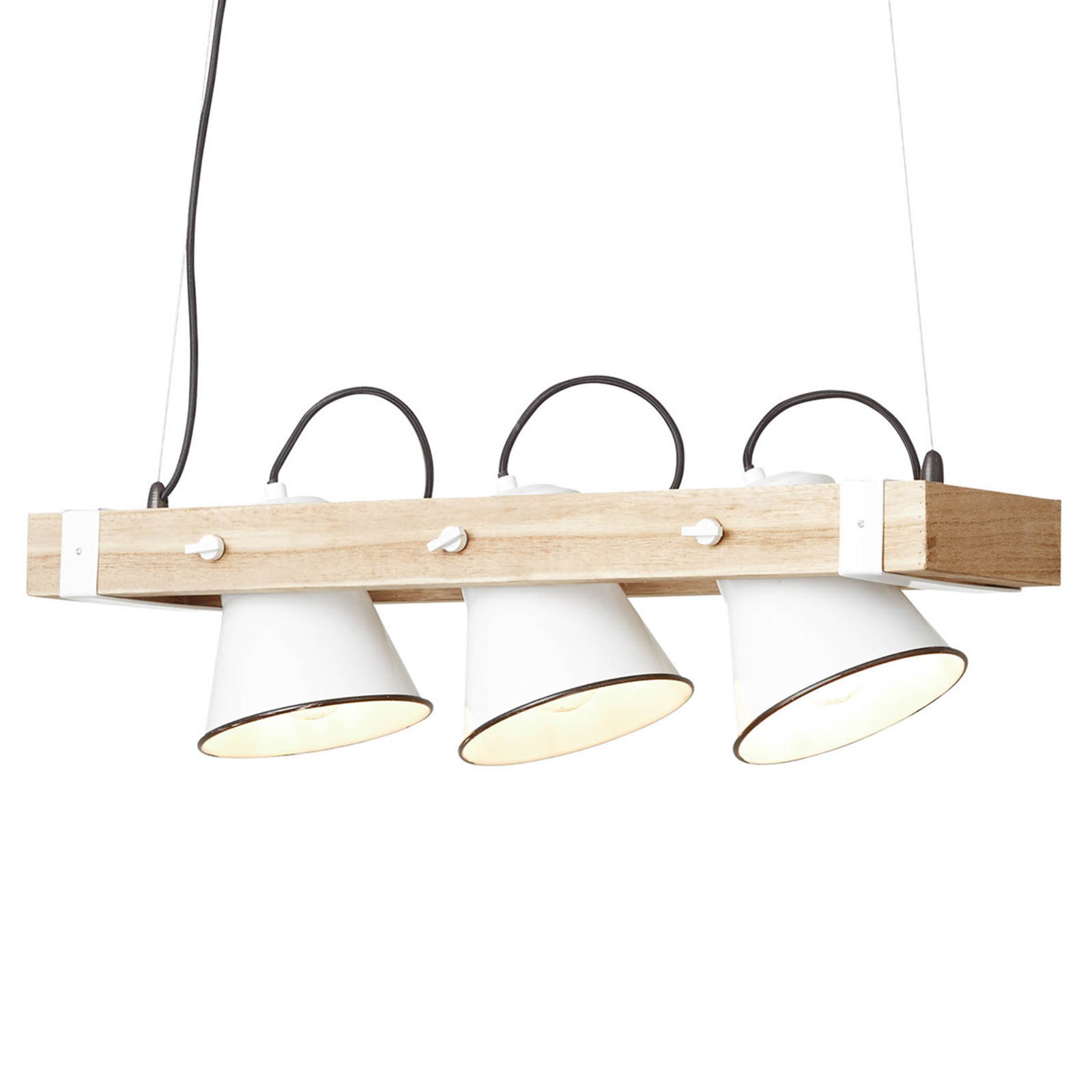 Hanglamp Plow met drie lampjes wit licht hout