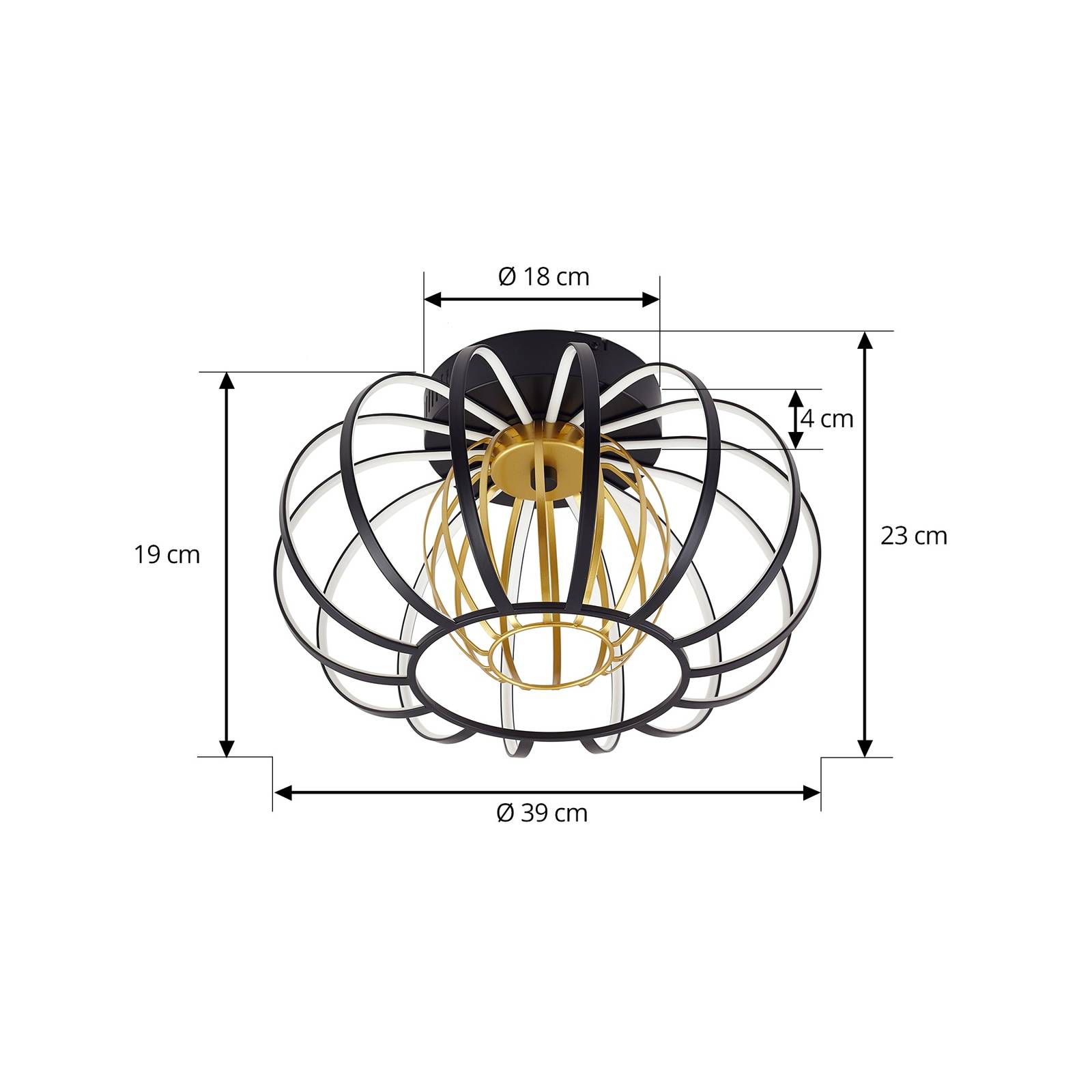 Lampa sufitowa LED Lucande Birger, Ø 39 cm, czarny/złoty