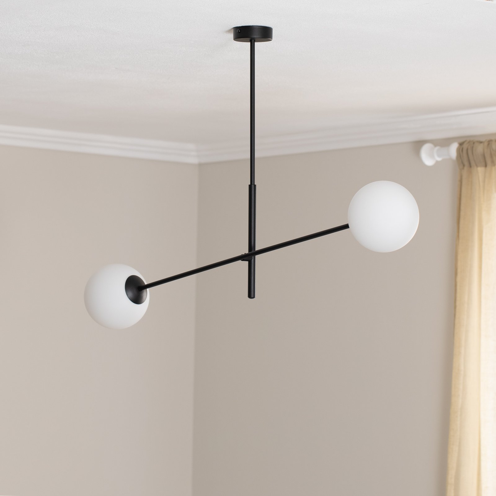 Linear ceiling lamp, black/opal, two-bulb